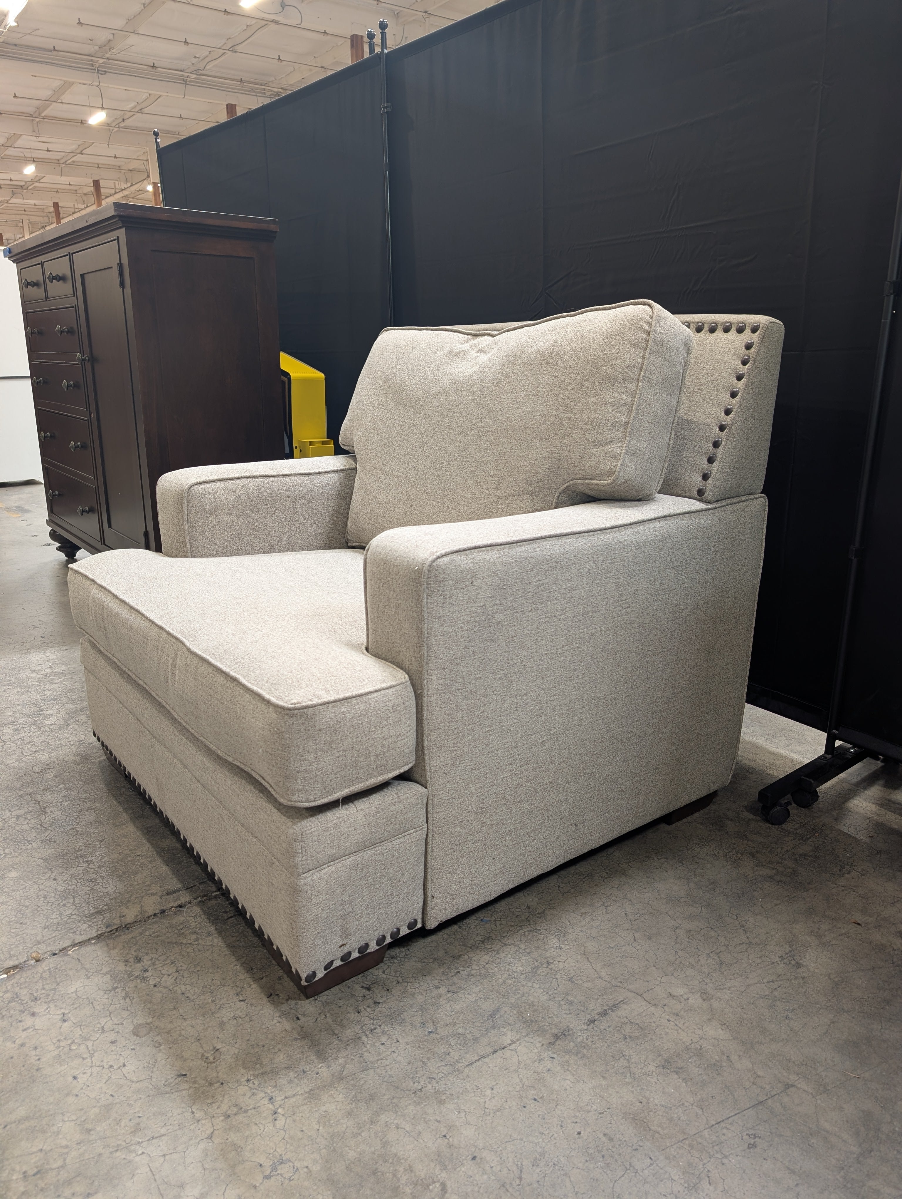 Grey Fabric Upholstered Armchair with Nailhead Trim