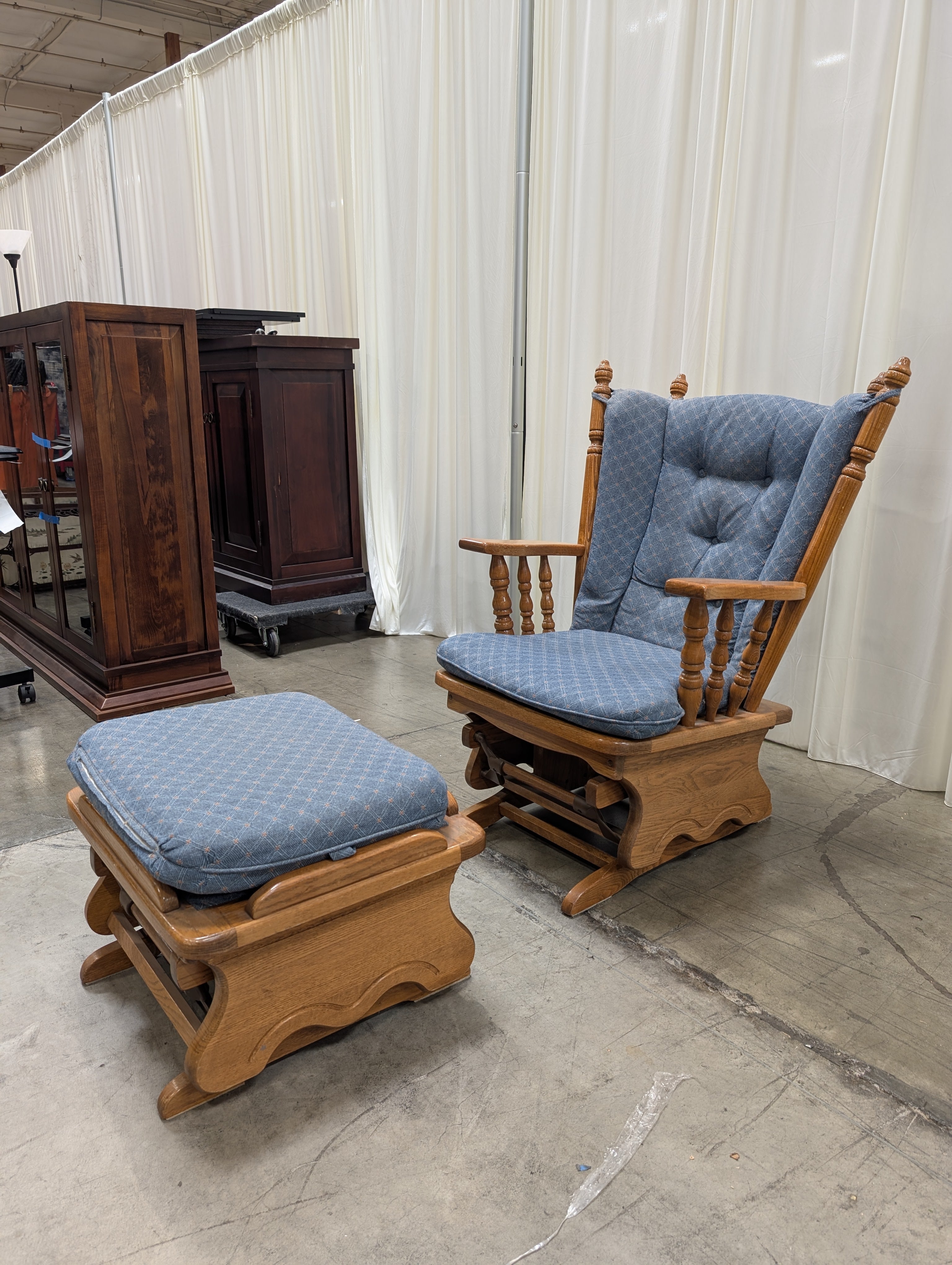 Blue Patterned Glider Chair with Matching Ottoman