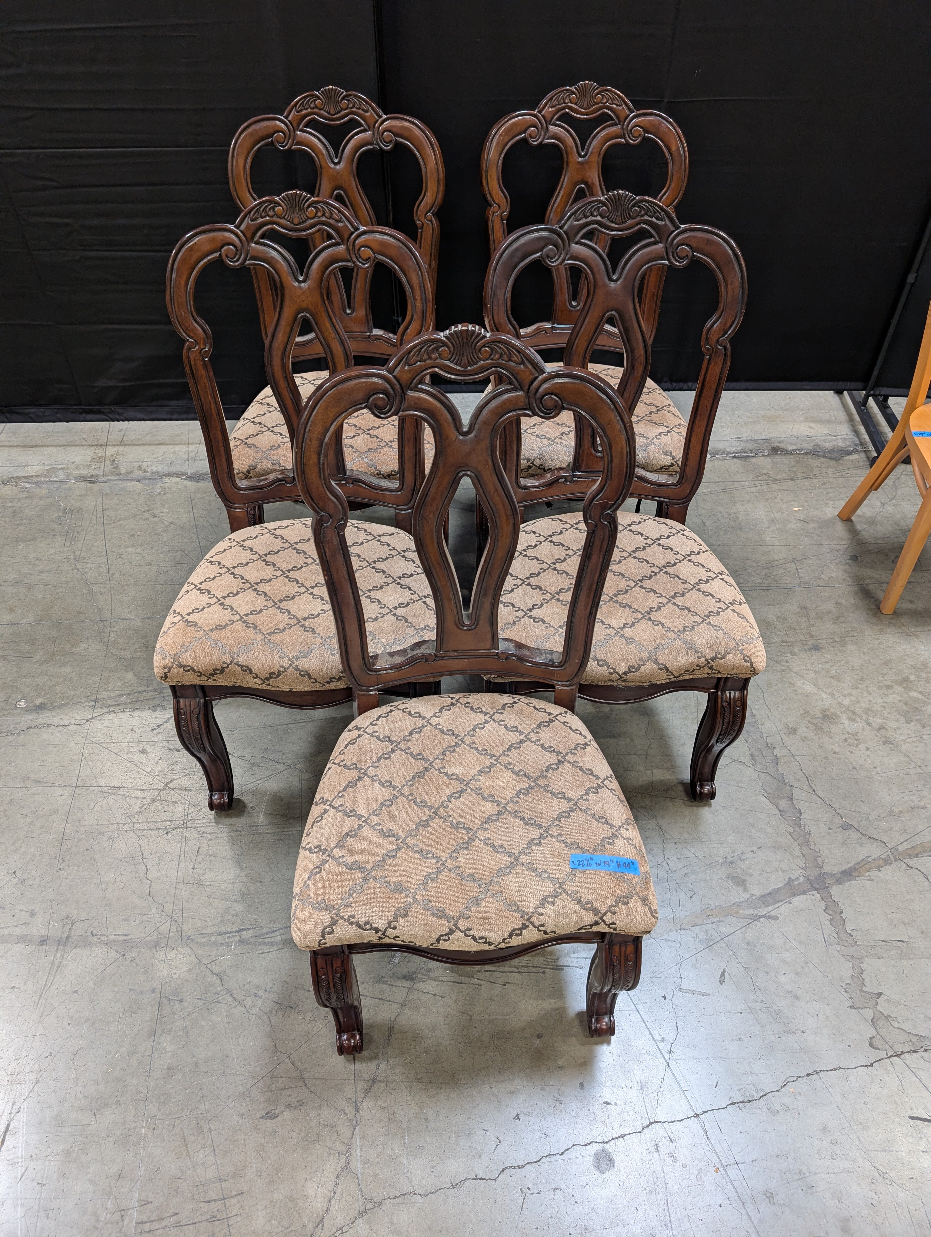 Set of Four Ornate Carved Wood Dining Chair with Patterned Upholstered Seat