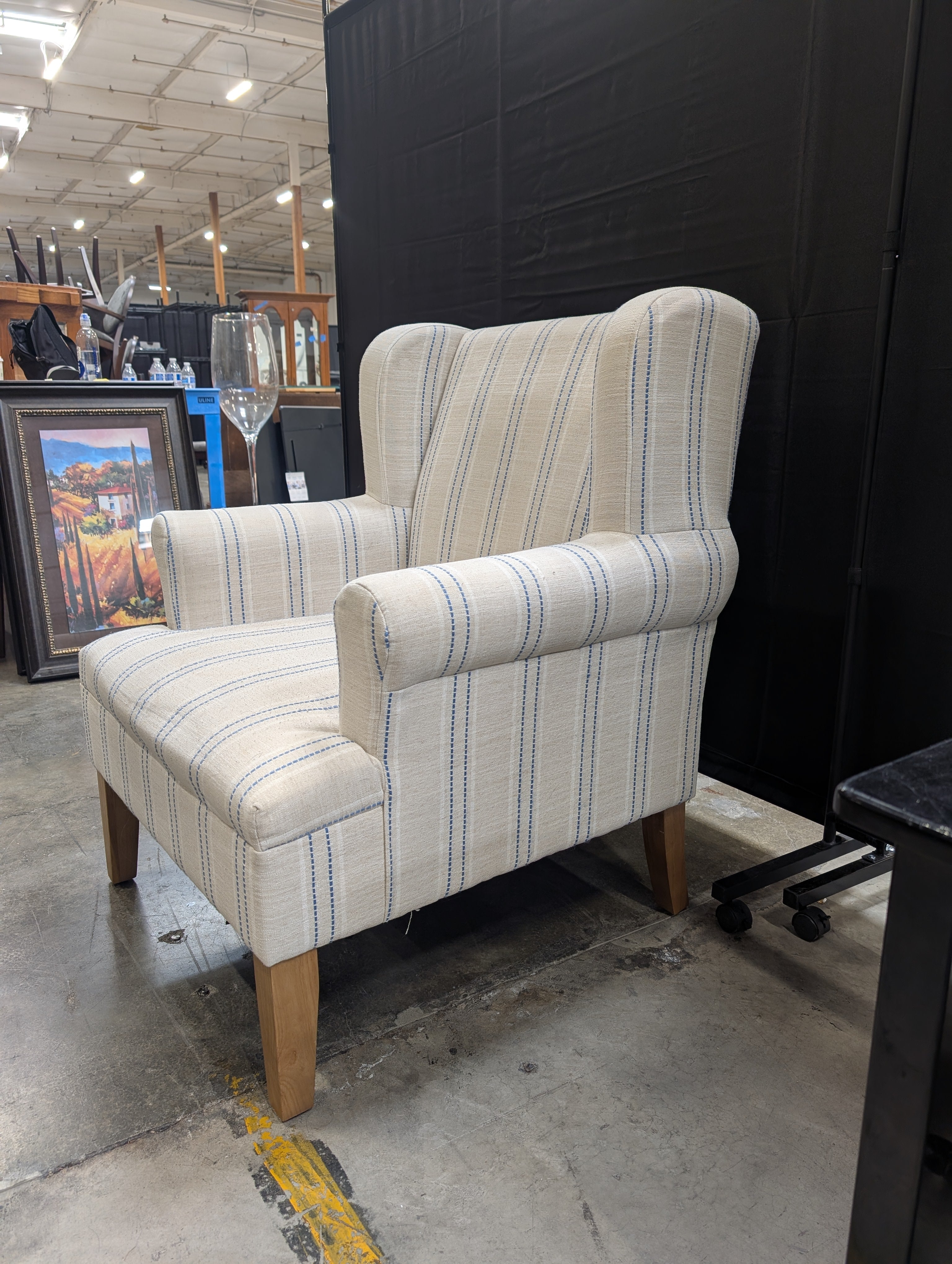 Upholstered Wingback Armchair with Blue Stripes