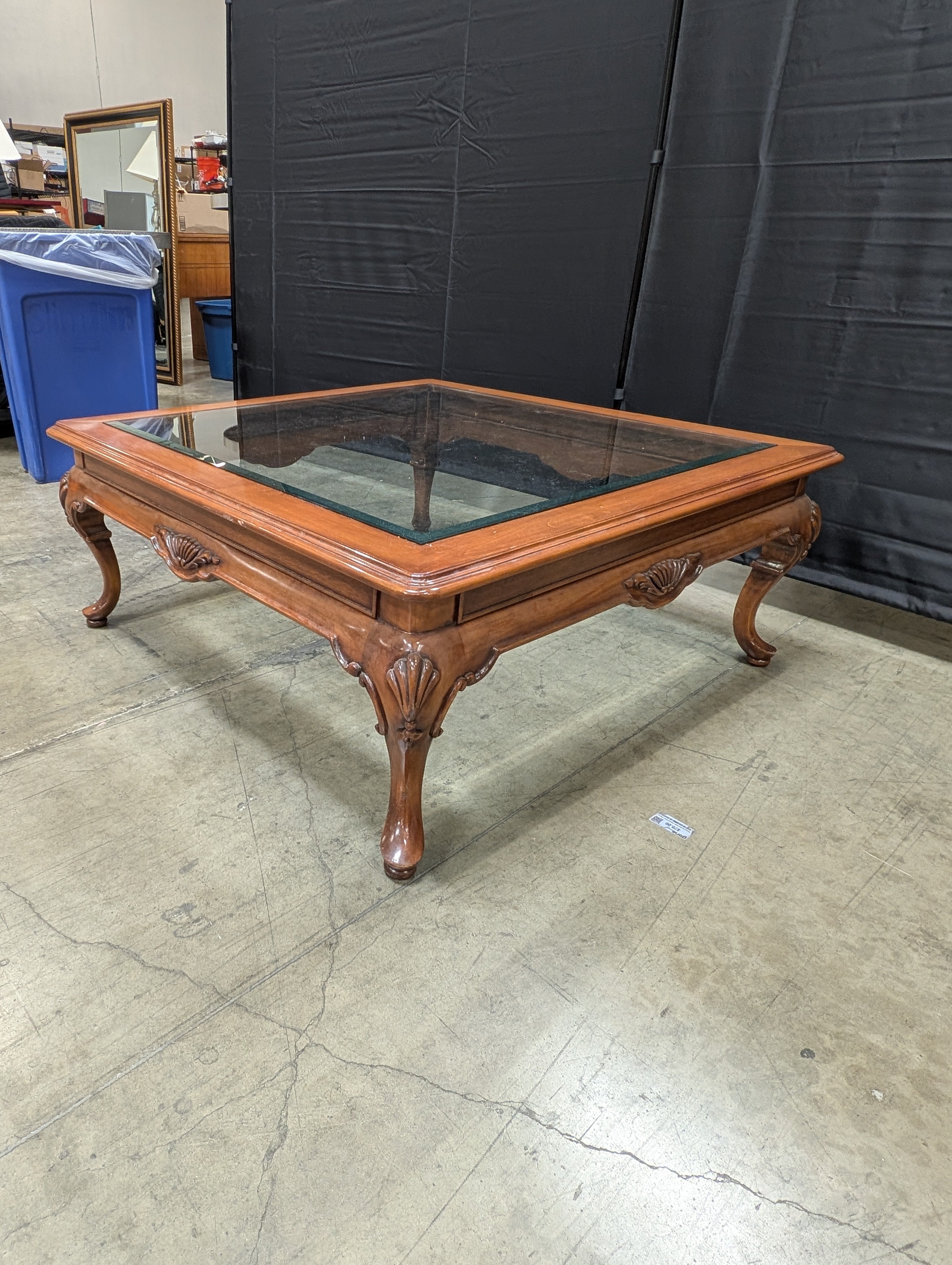 Traditional Carved Wood and Glass Top Coffee Table