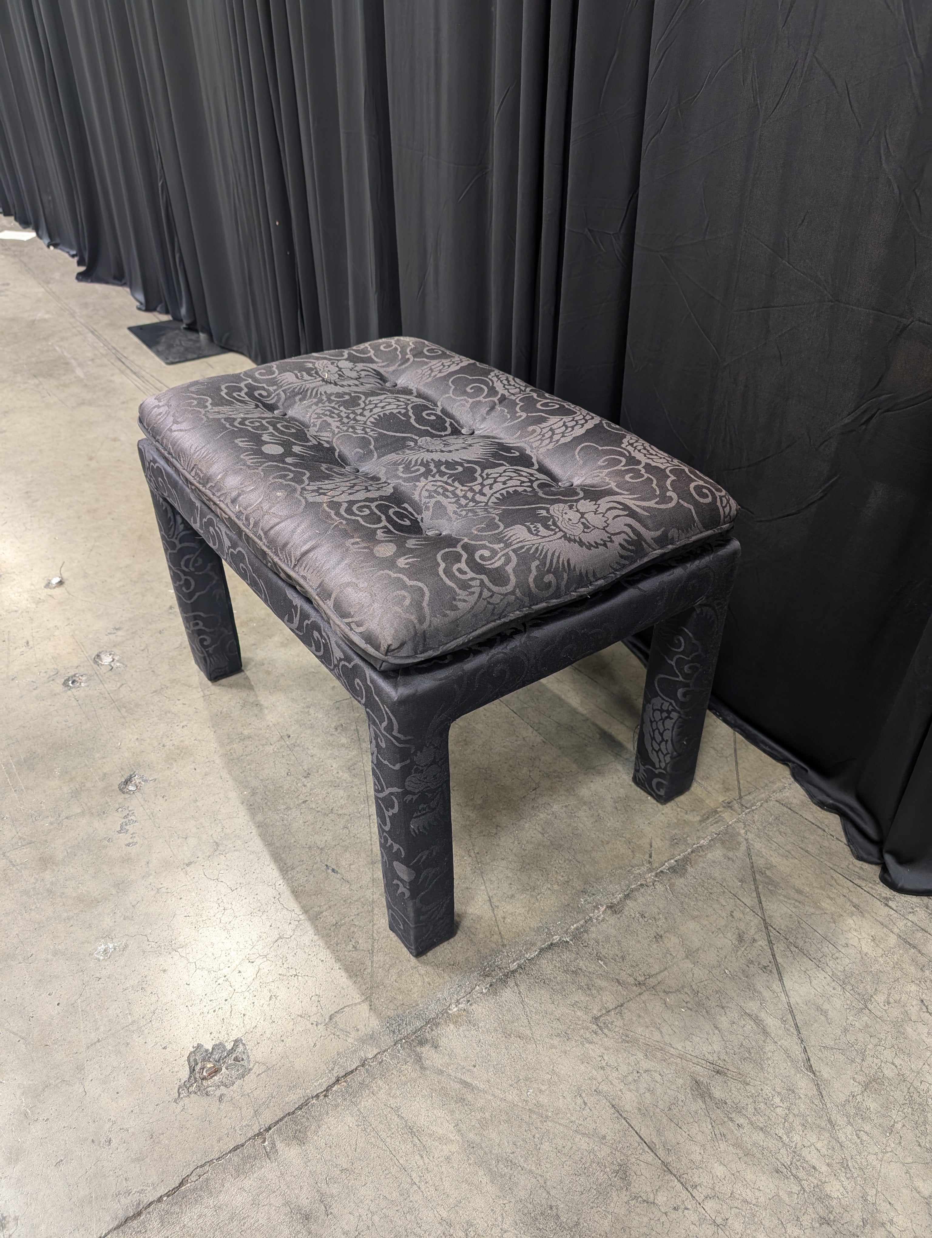 Patterned Dark Brown Fabric Ottoman with Tufted Cushion