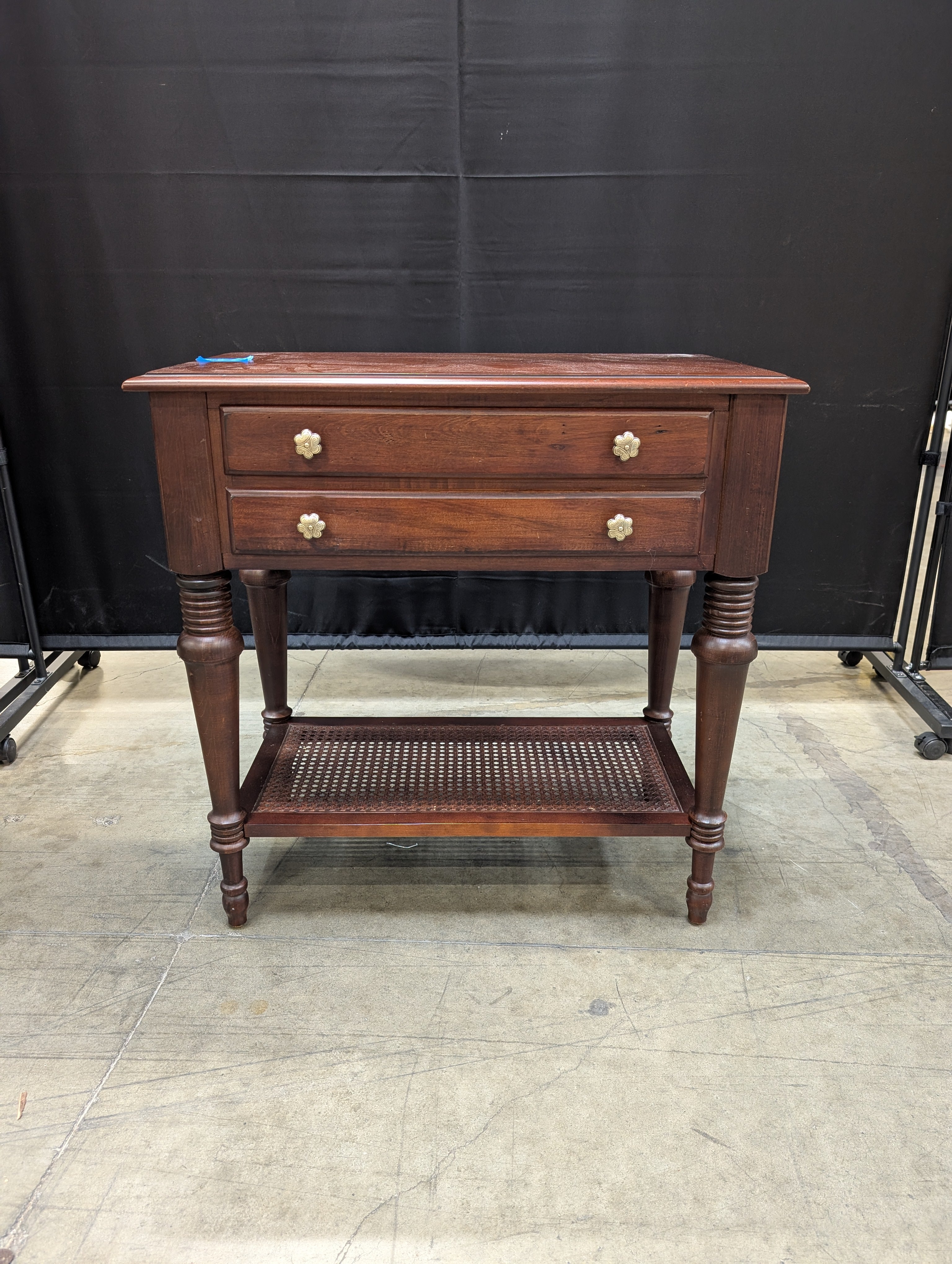 Mahogany Finish Wood ETHAN ALLEN Side Table with Cane Shelf