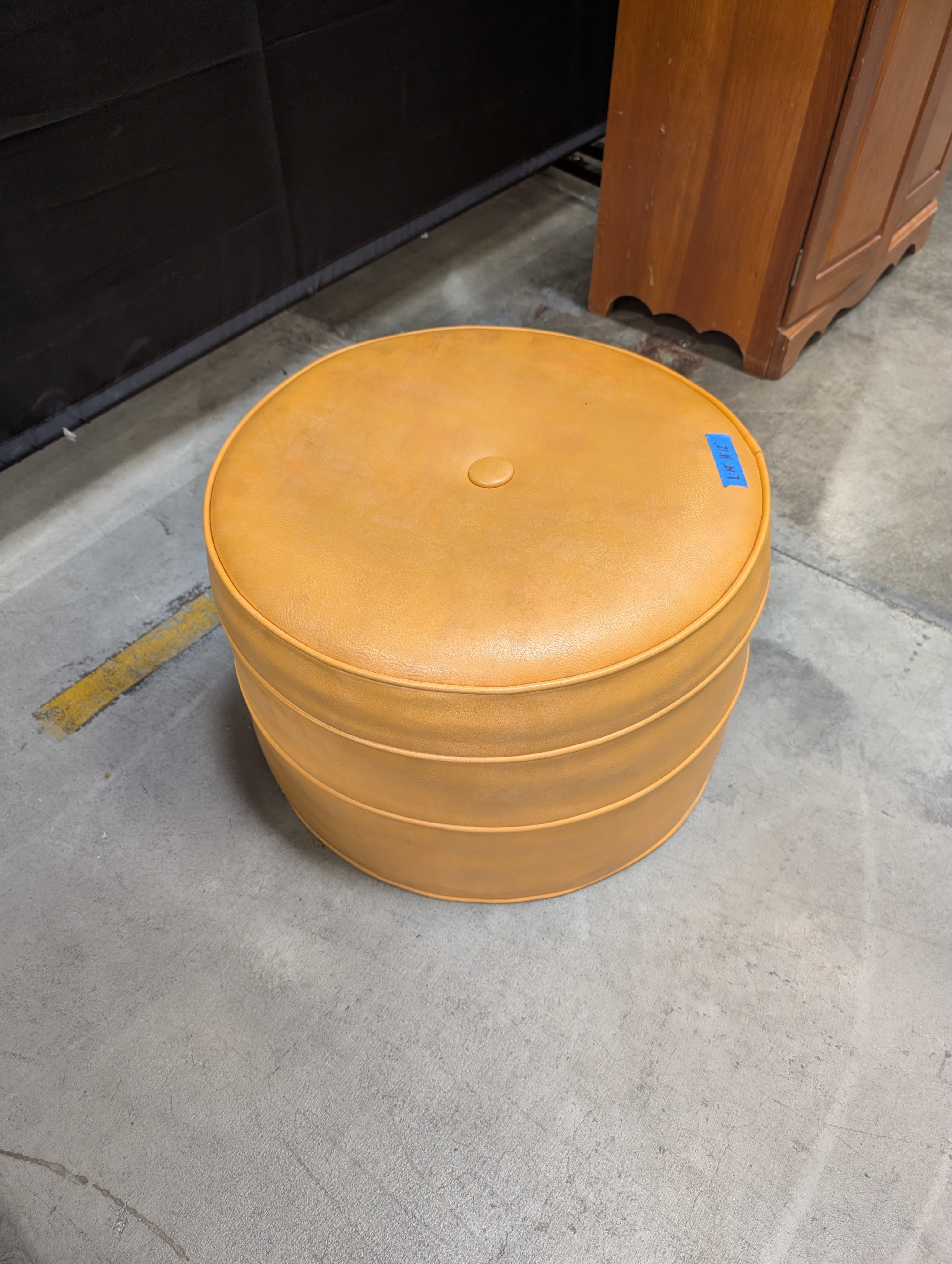 Vintage Round Yellow Ottoman with Center Button