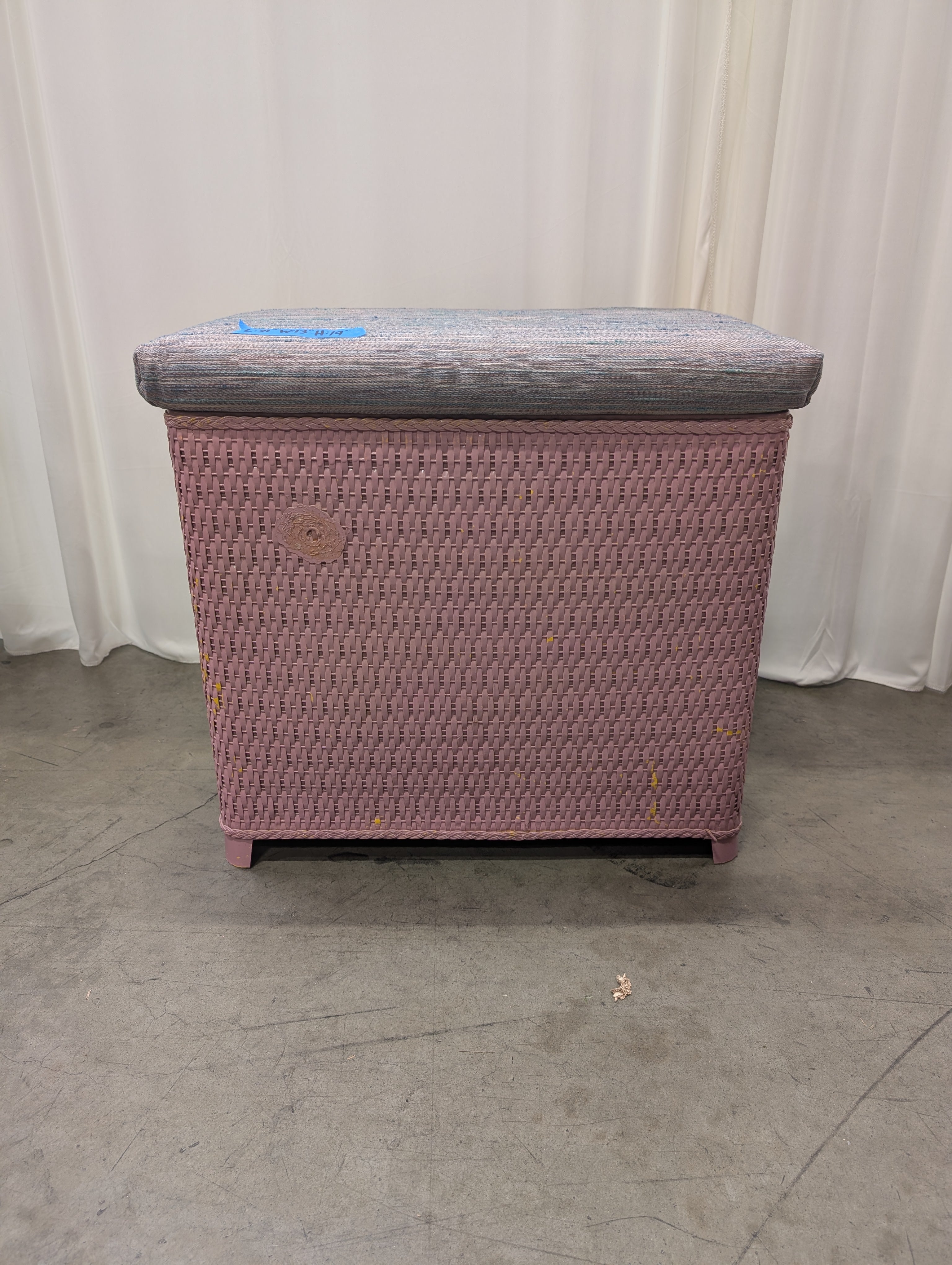 Pink Woven Wicker Storage Ottoman with Padded Lid