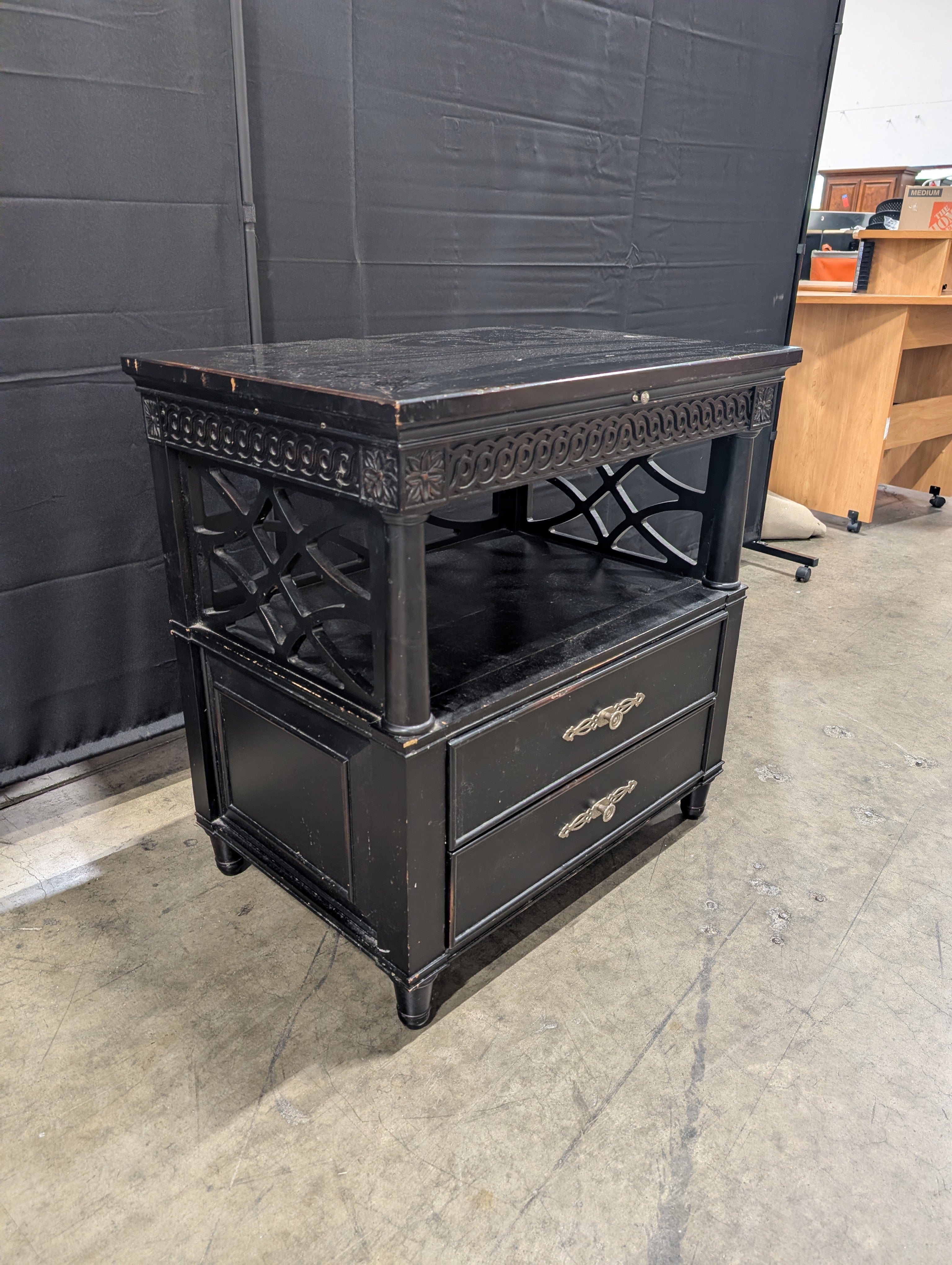 Dark Wood Two-Drawer Nightstand with Open Shelf
