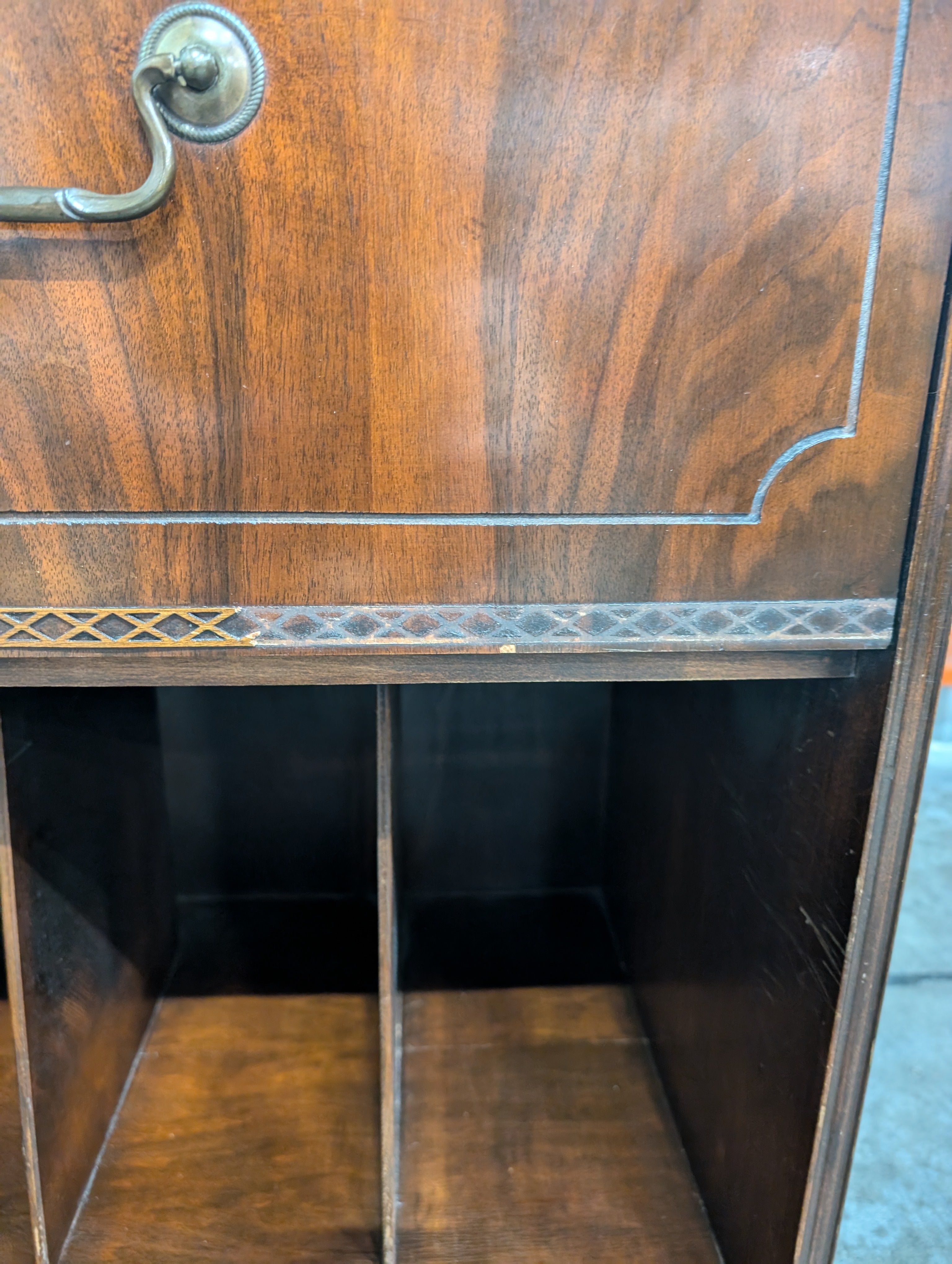Dark Stained Wood Side Cabinet with Drawer and Open Shelves