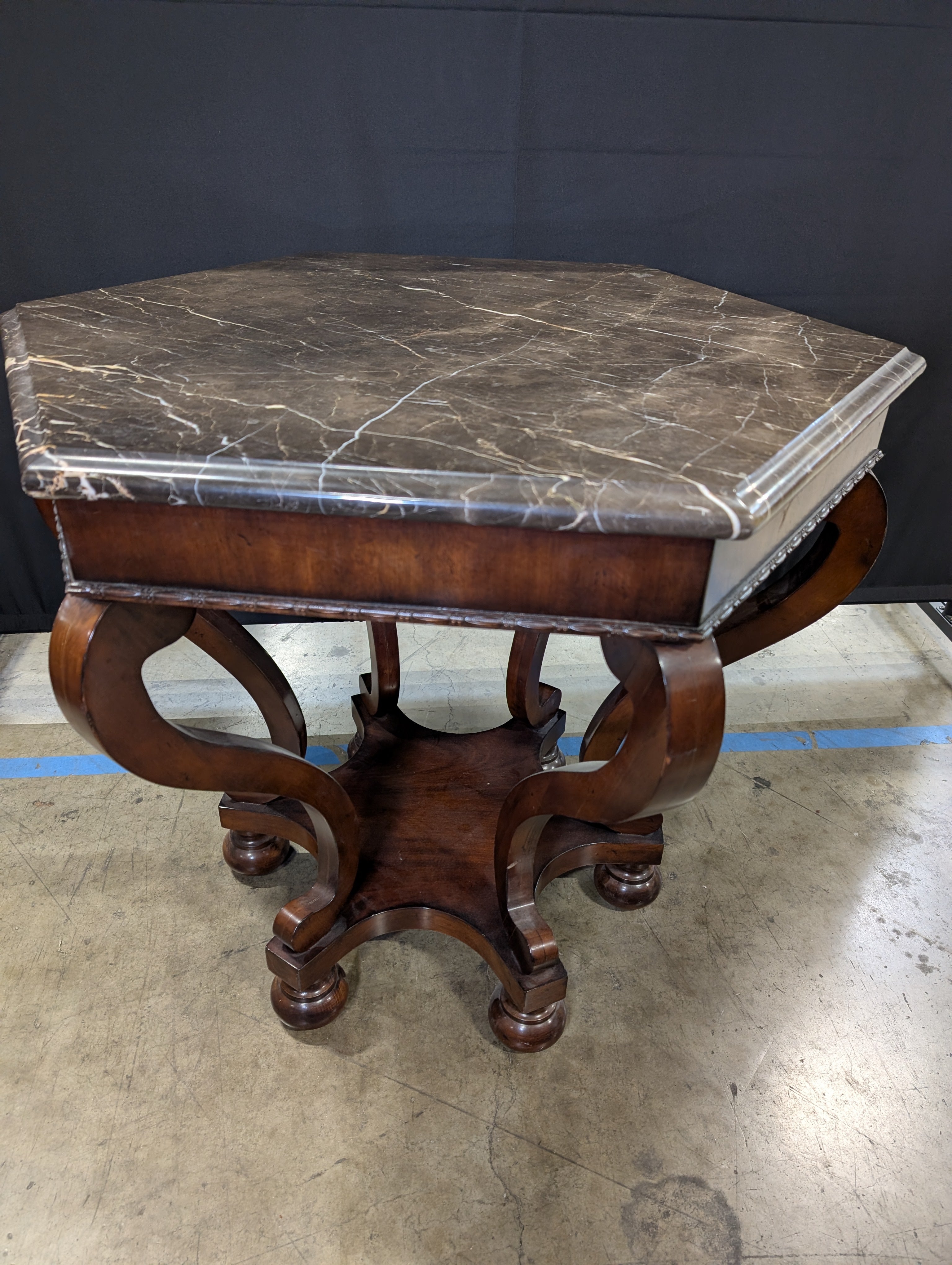Hexagonal Dark Marble Top Accent Table with Carved Wood Pedestal Base