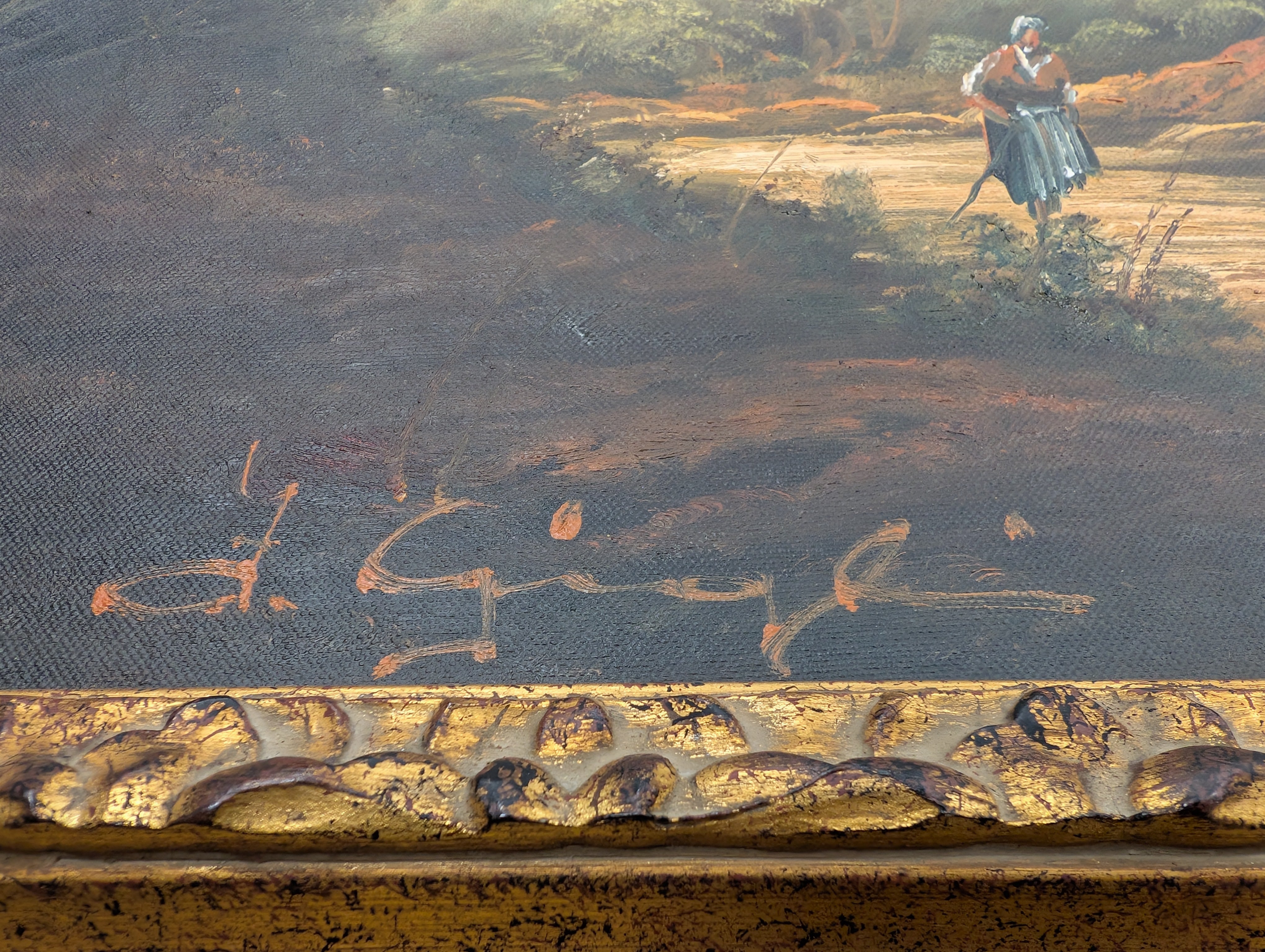 Large Ornate Gilded Frame Scenic Landscape Painting