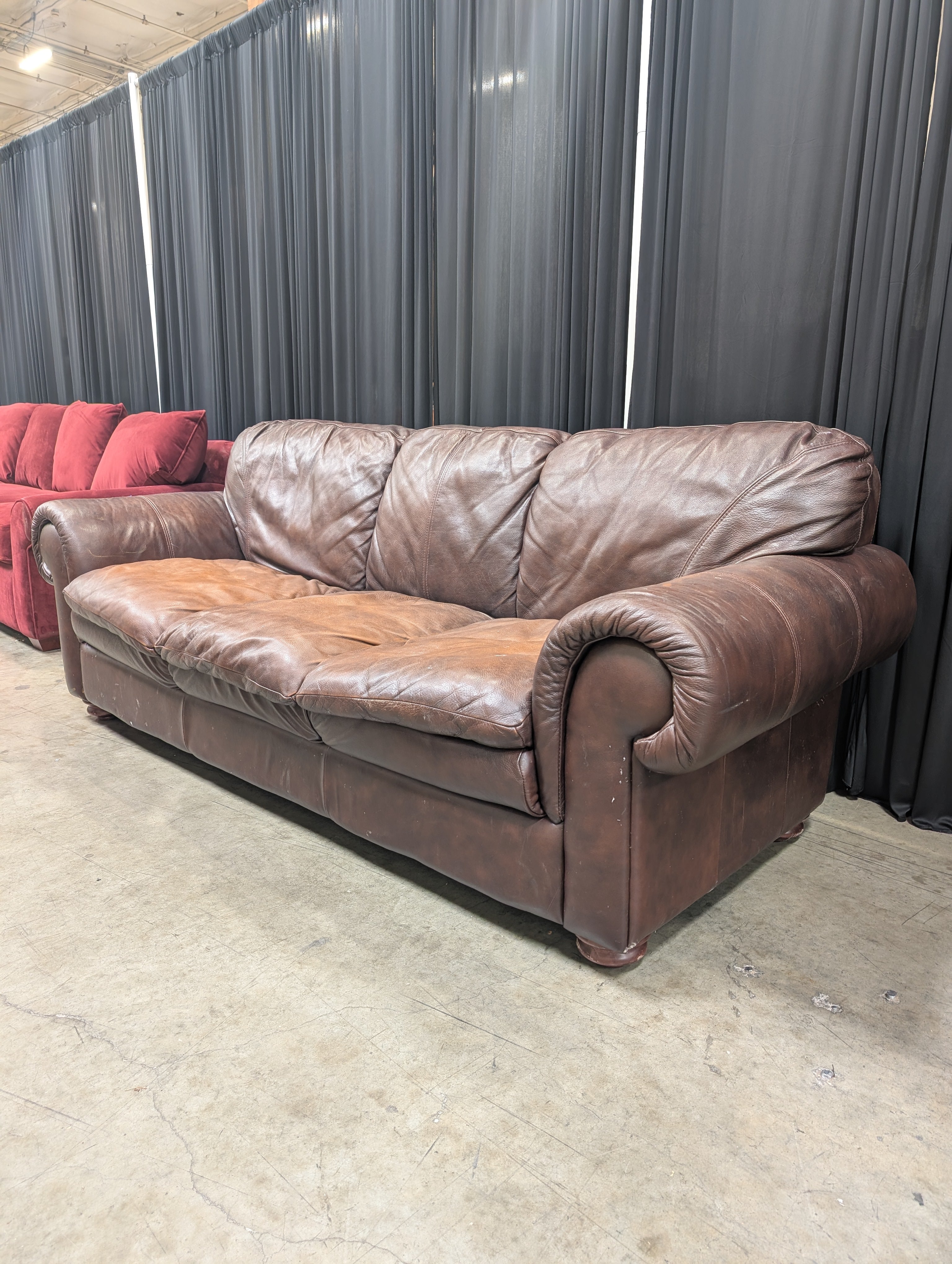 Brown Leather Three-Cushion Couch