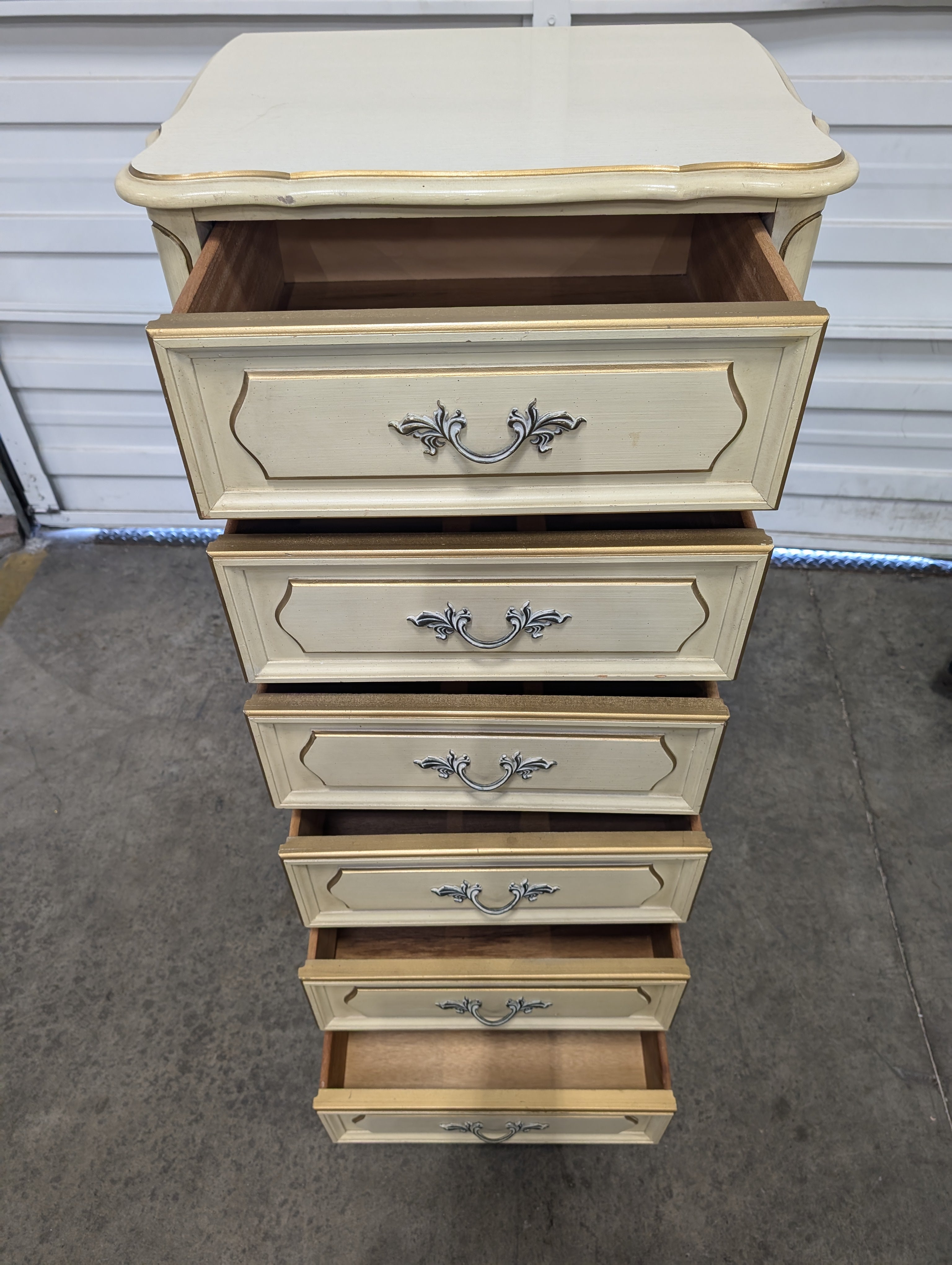 Vintage French Provincial Cream Five-Drawer Tallboy Chest