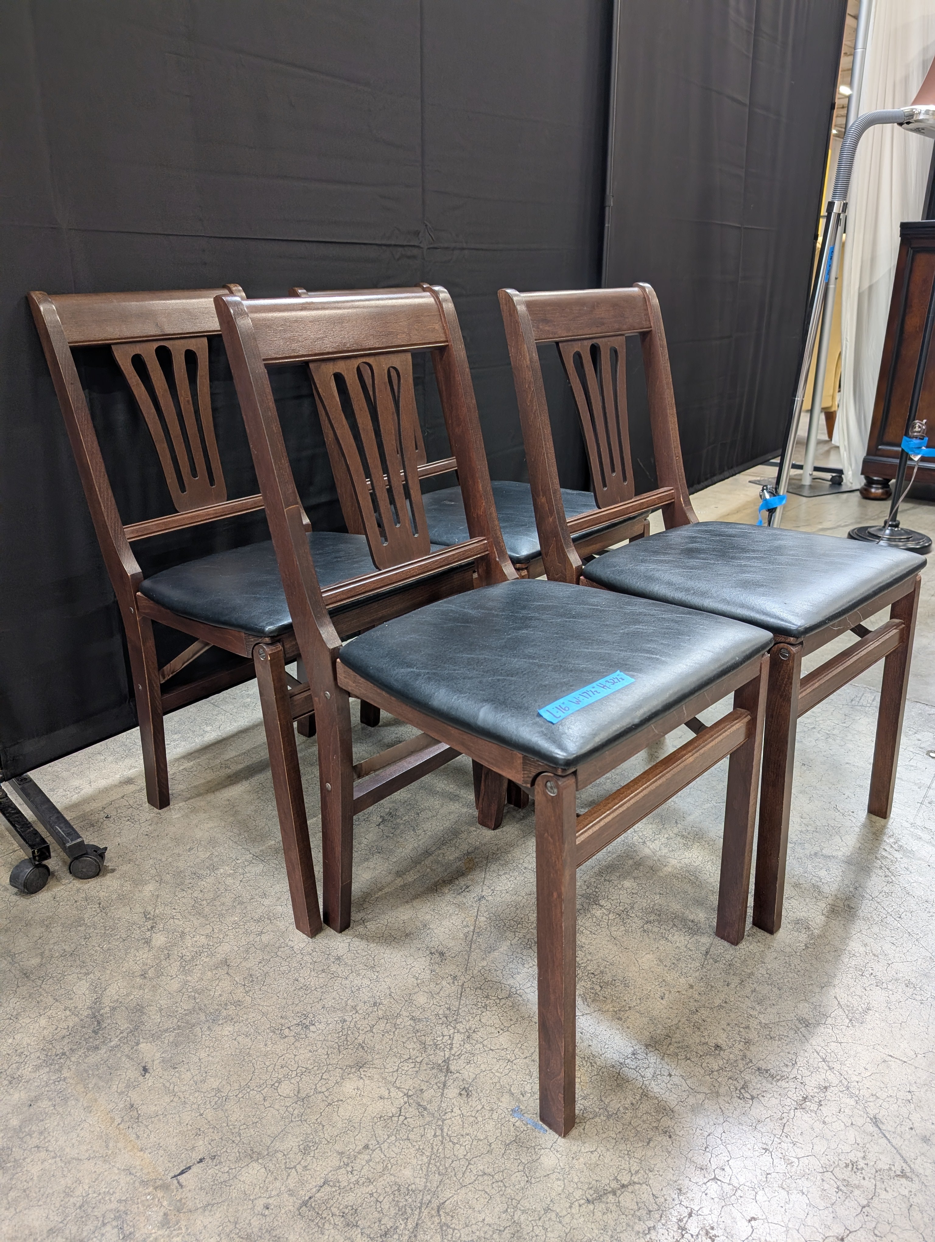 Set of Four Dark Brown Wood Folding Dining Chair with Black Seat