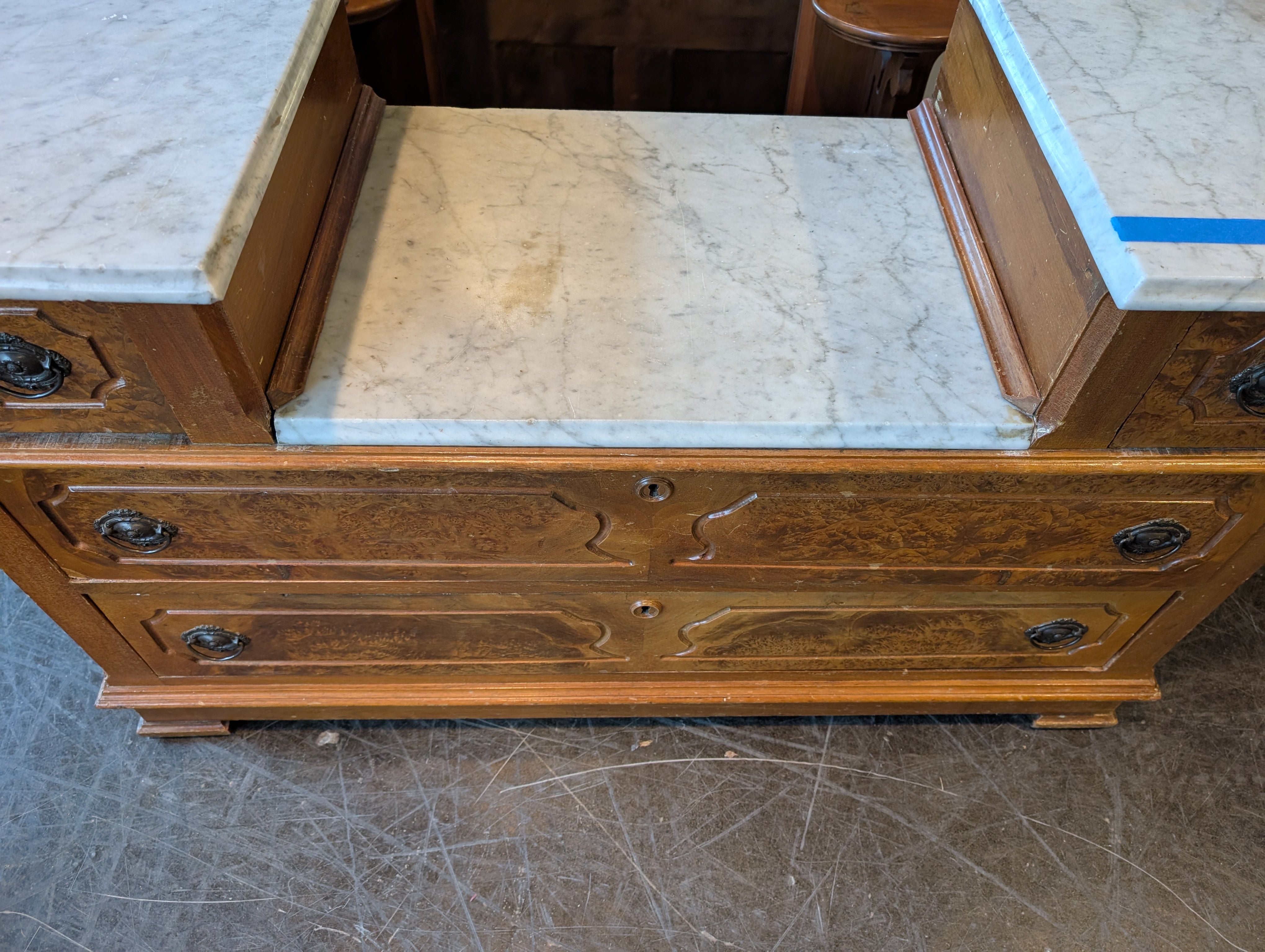 Antique Wood Five-Drawer Dresser with Marble Tops