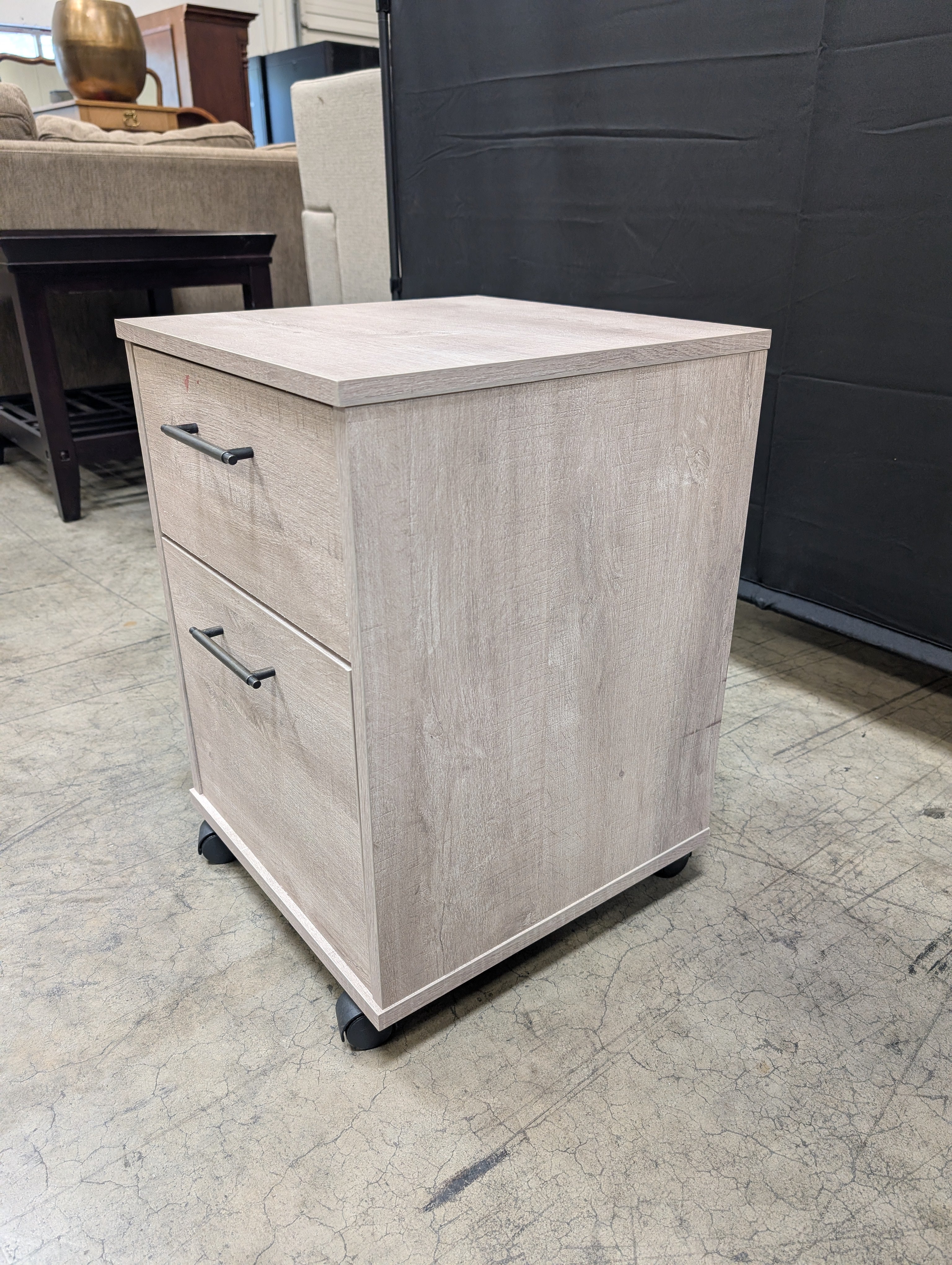 Grey Two-Drawer Rolling Nightstand in Faux Wood