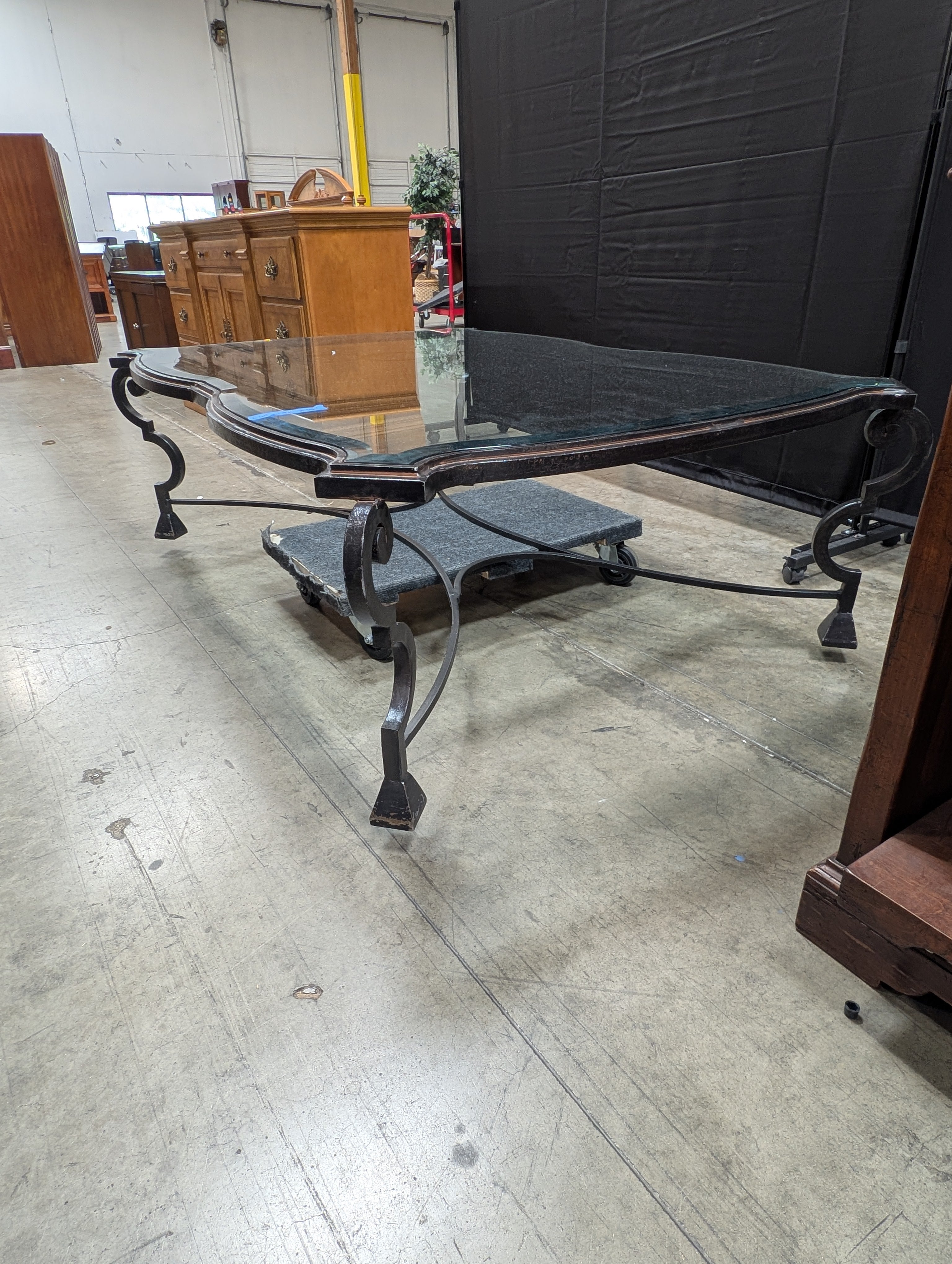 Decorative Glass Top Coffee Table with Scrolled Metal Base
