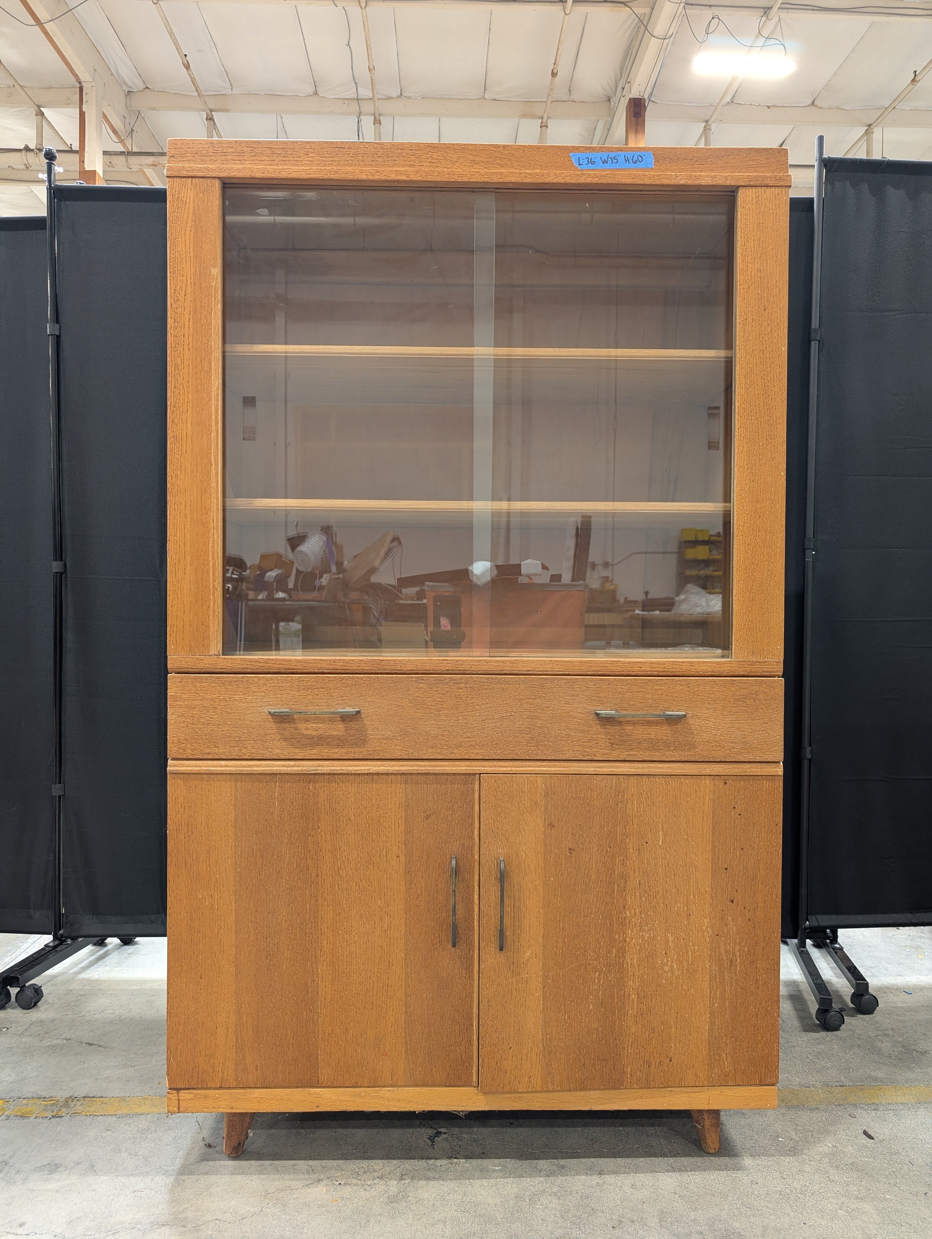 Vintage Oak China Cabinet with Sliding Glass Doors