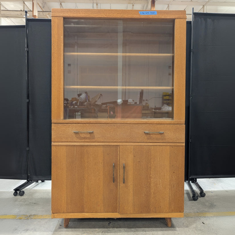 Vintage Oak China Cabinet with Sliding Glass Doors