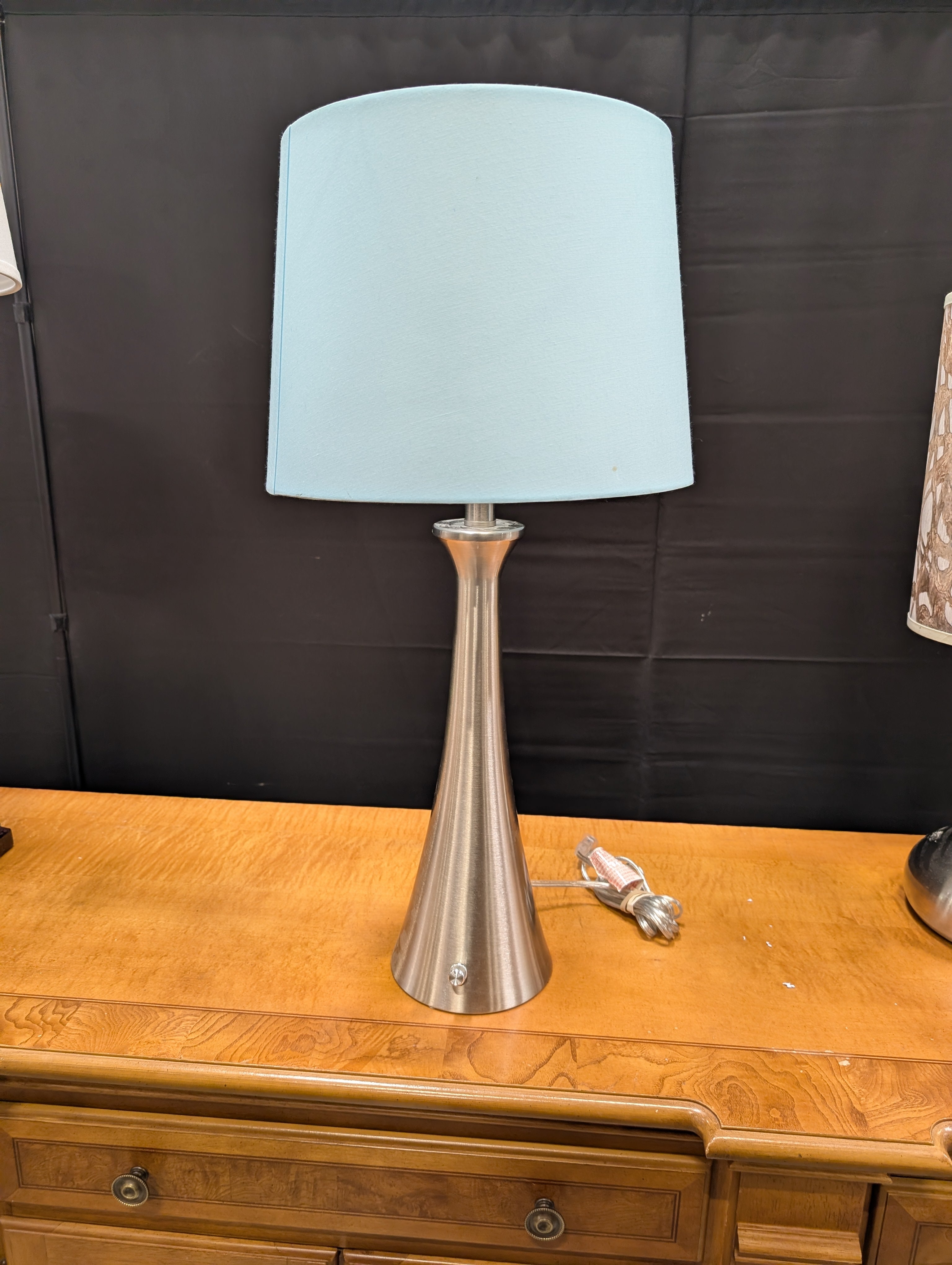 Modern Brushed Metal Table Lamp with Sky Blue Fabric Shade