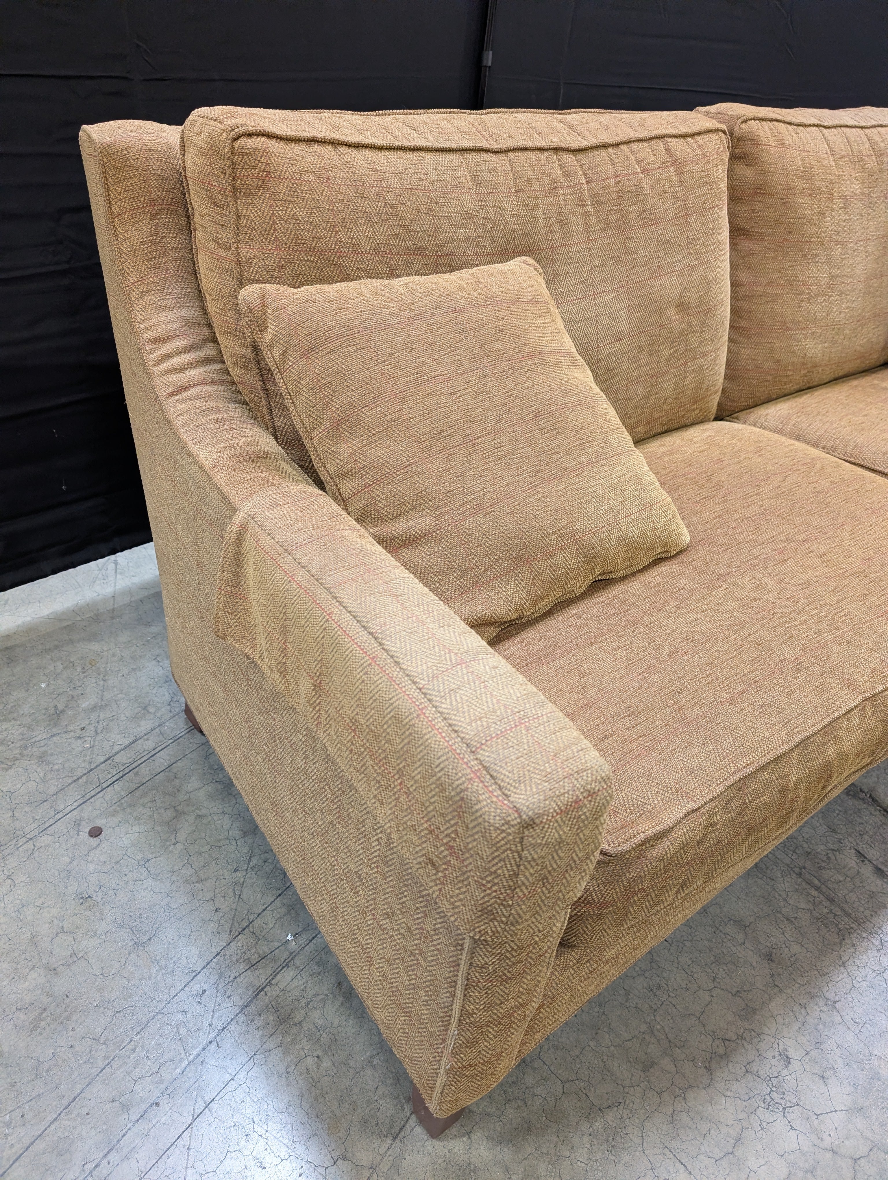 Neutral Tan Herringbone Fabric Two-Seater Sofa with Accent Pillows