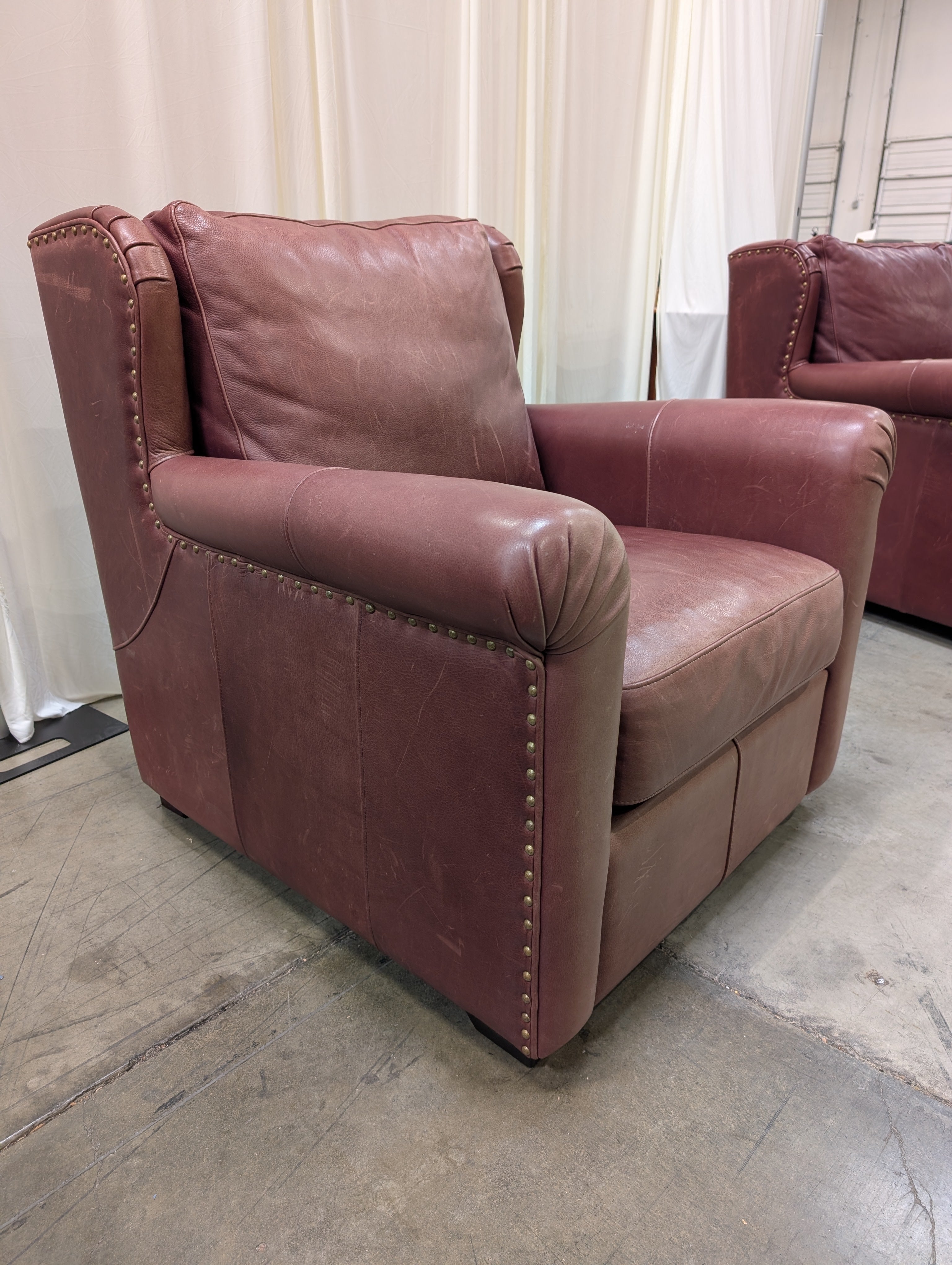 Burgundy Legacy Leather Wingback Armchair with Nailhead Trim