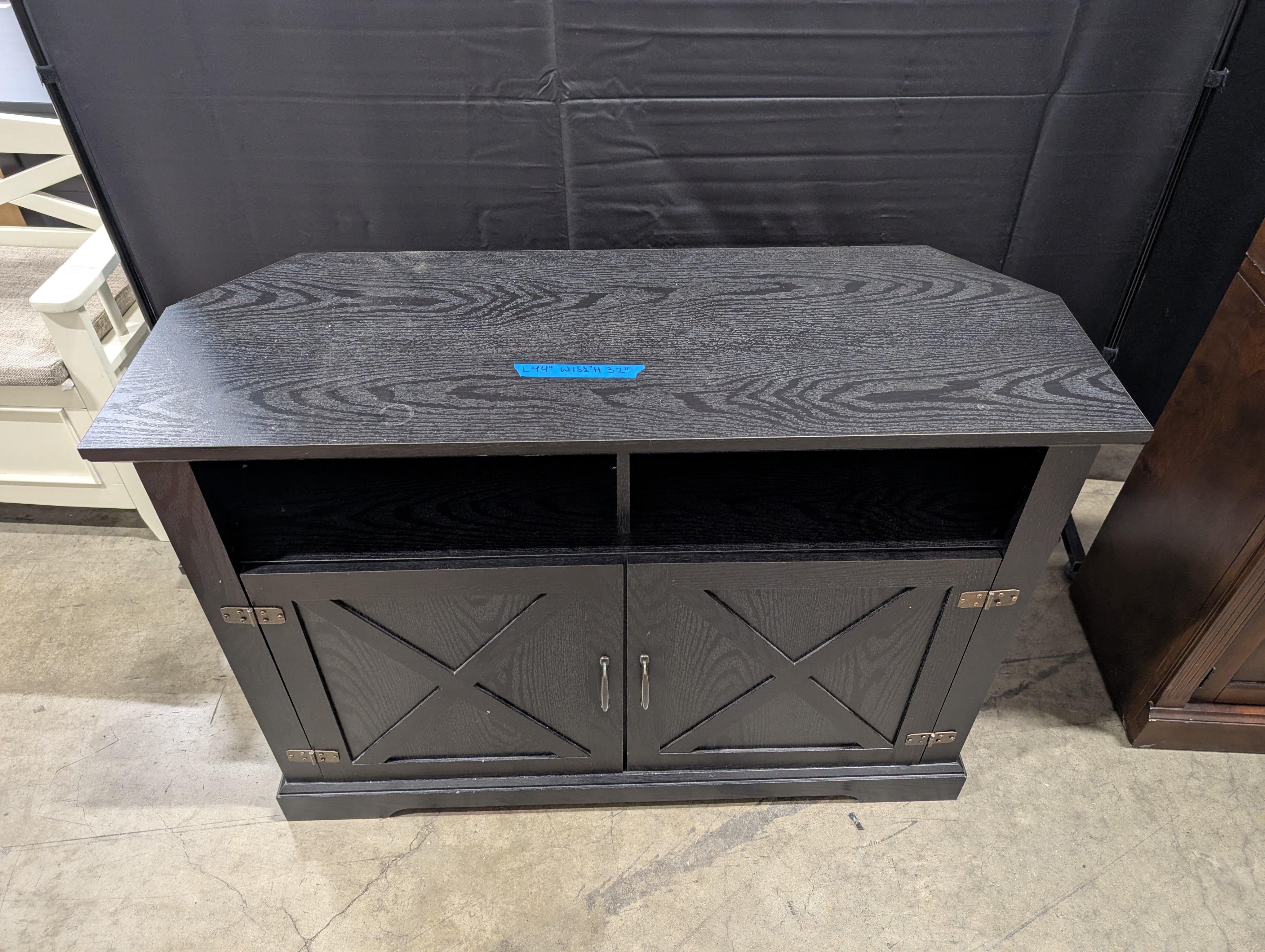 Black Corner Media Console with X-Panel Cabinet Doors