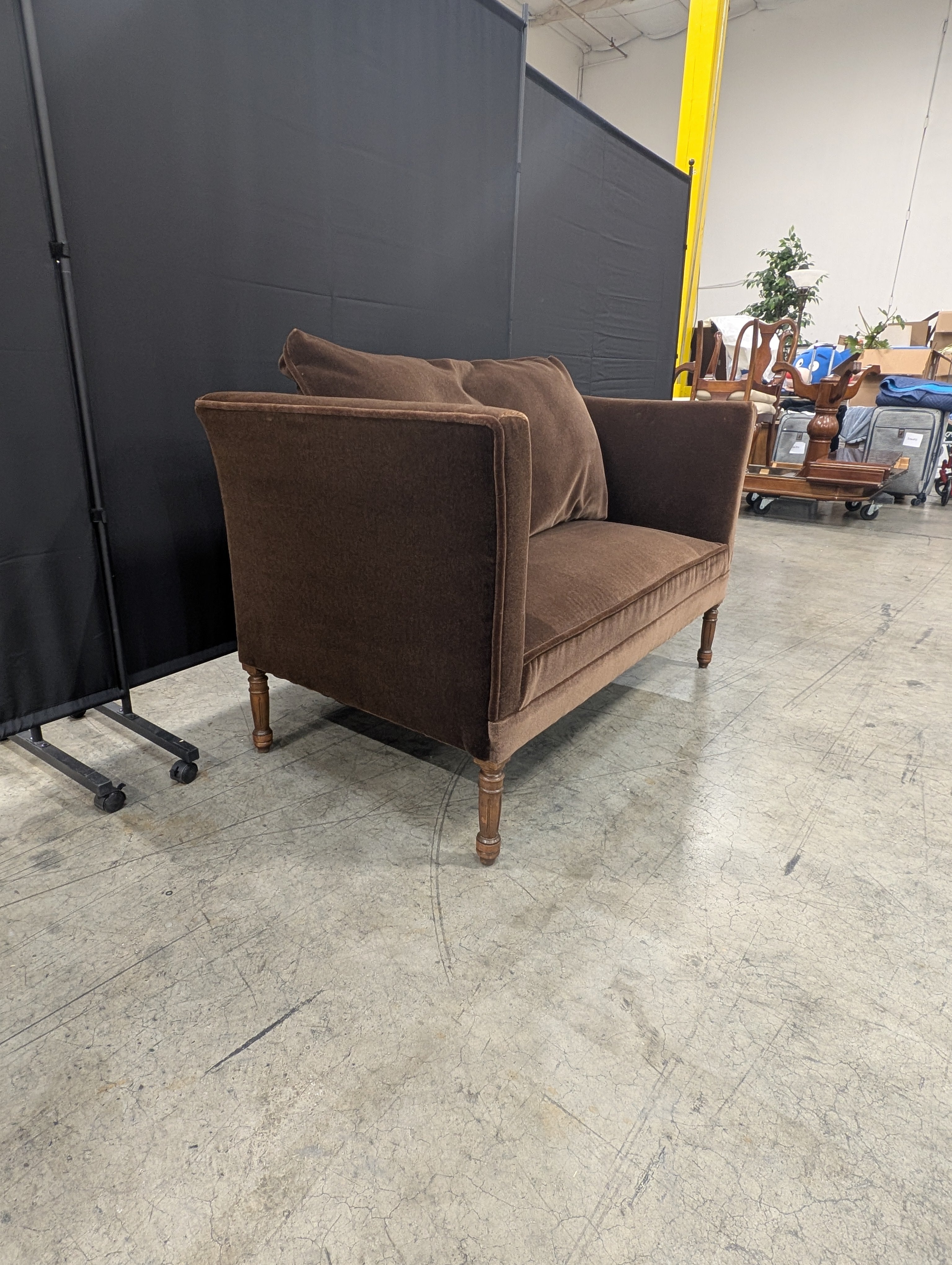 Brown Velvet Two-Seater Settee with Tapered Legs