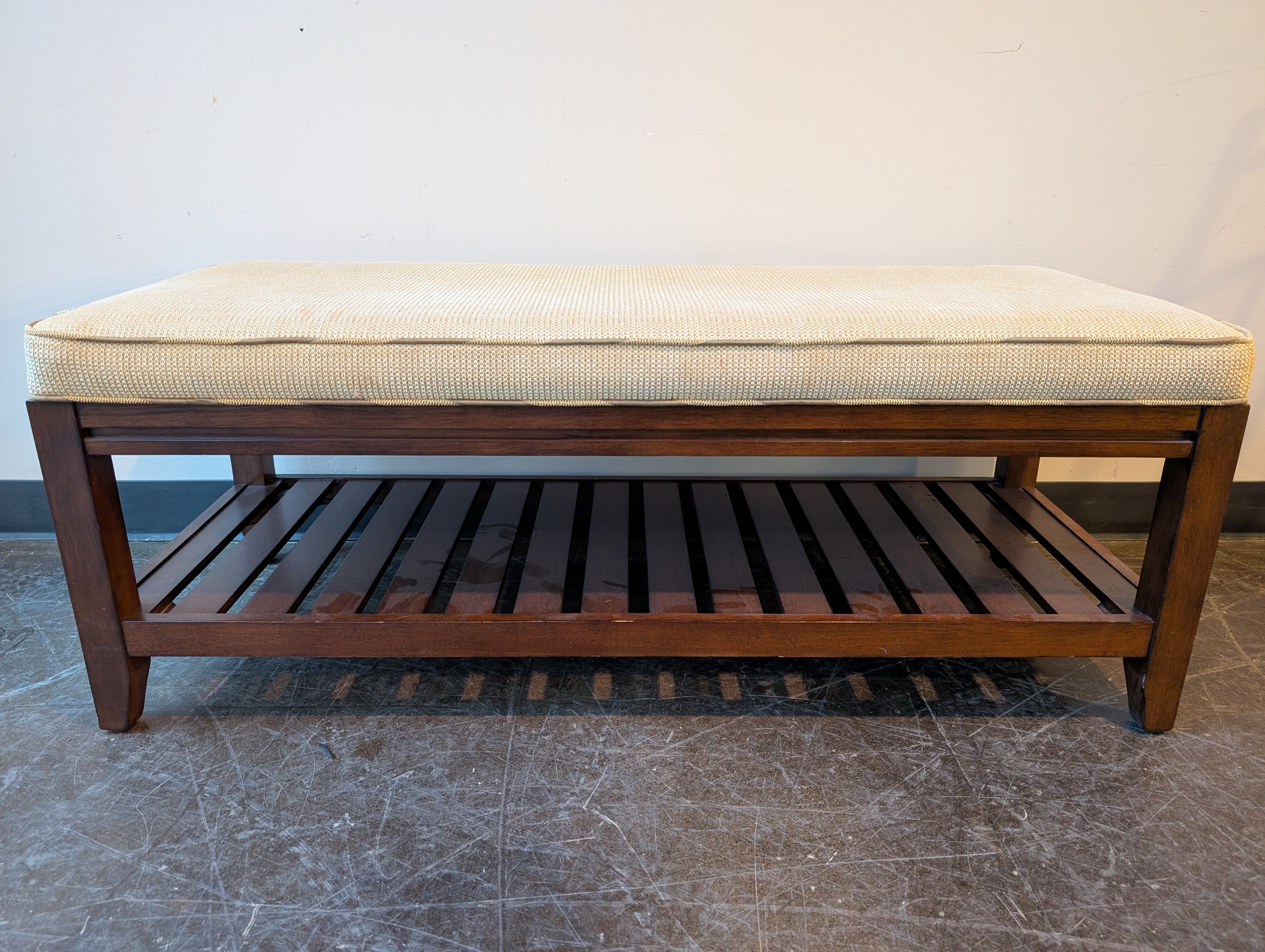 Dark Wood Entryway Bench with Upholstered Cushion and Slatted Shelf