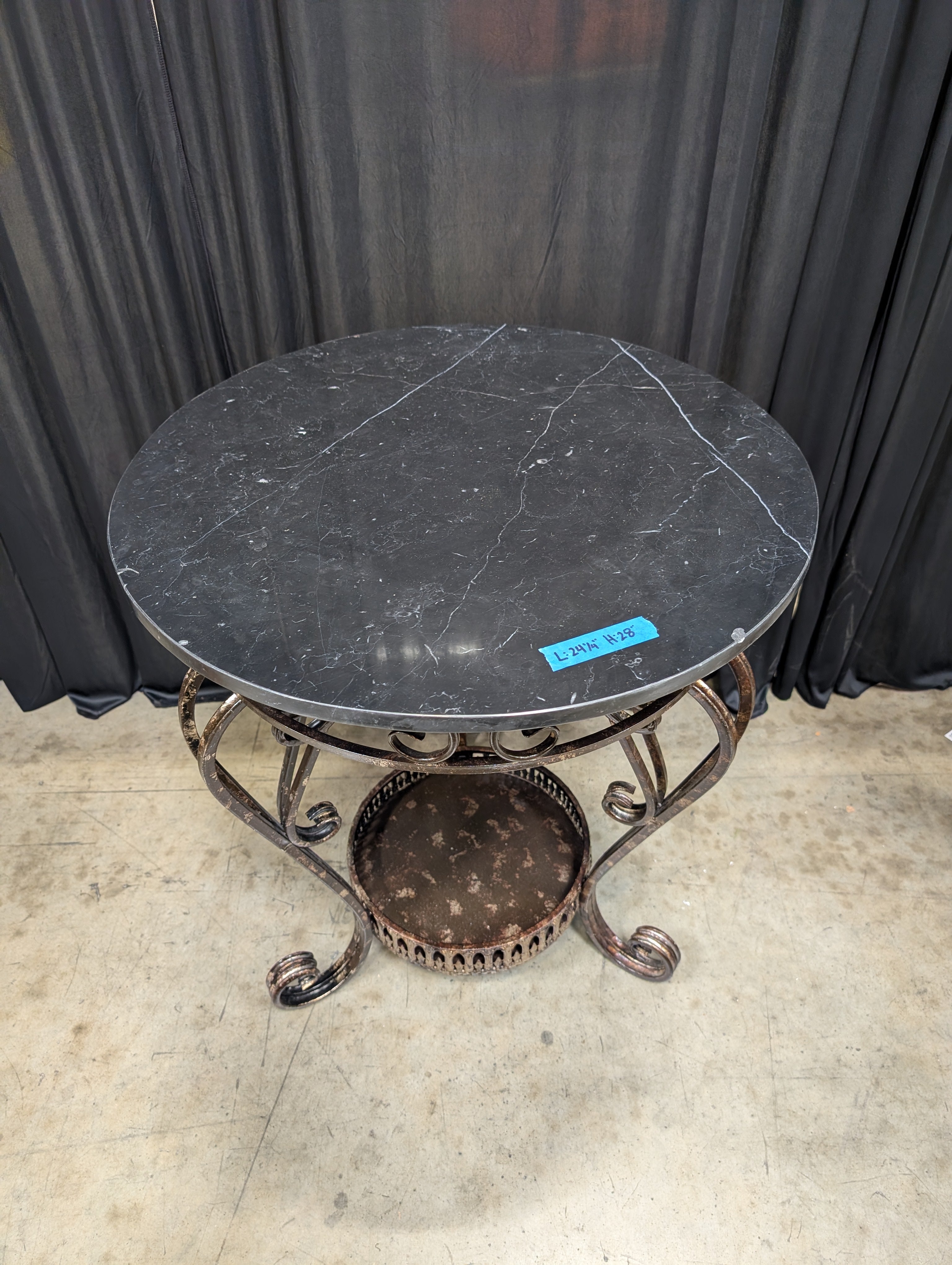 Round Black Marble End Table with Scrollwork Base