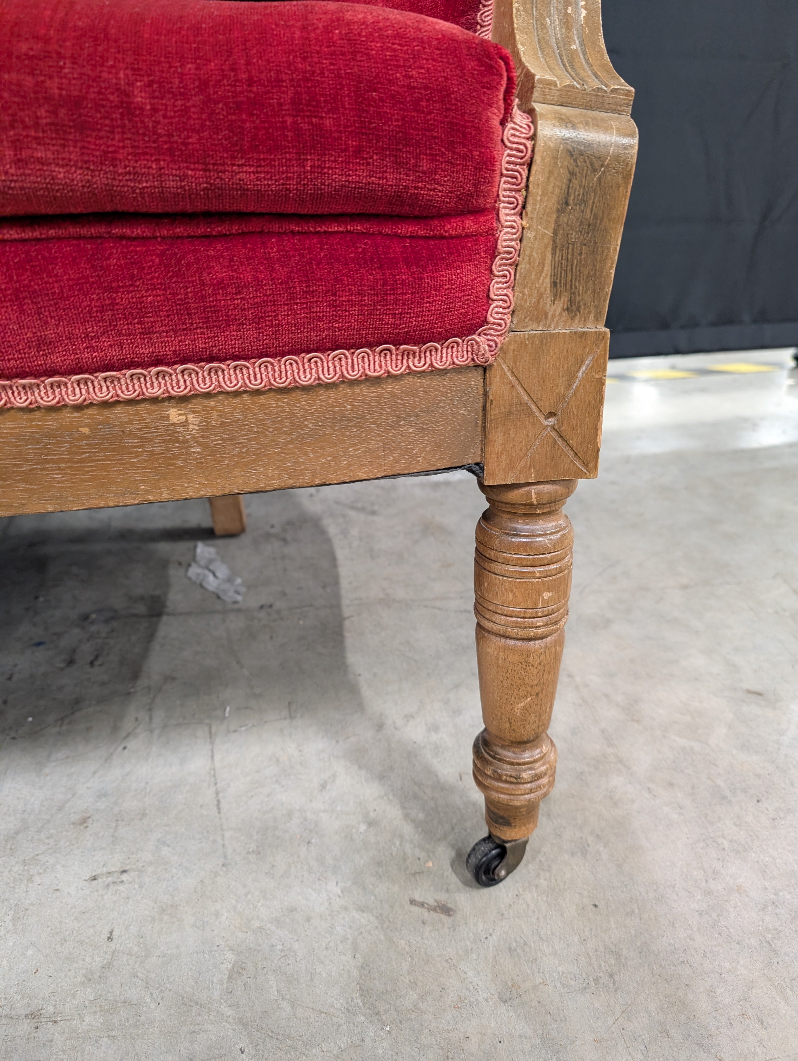 Vintage Carved Wood Red Velvet Loveseat Settee