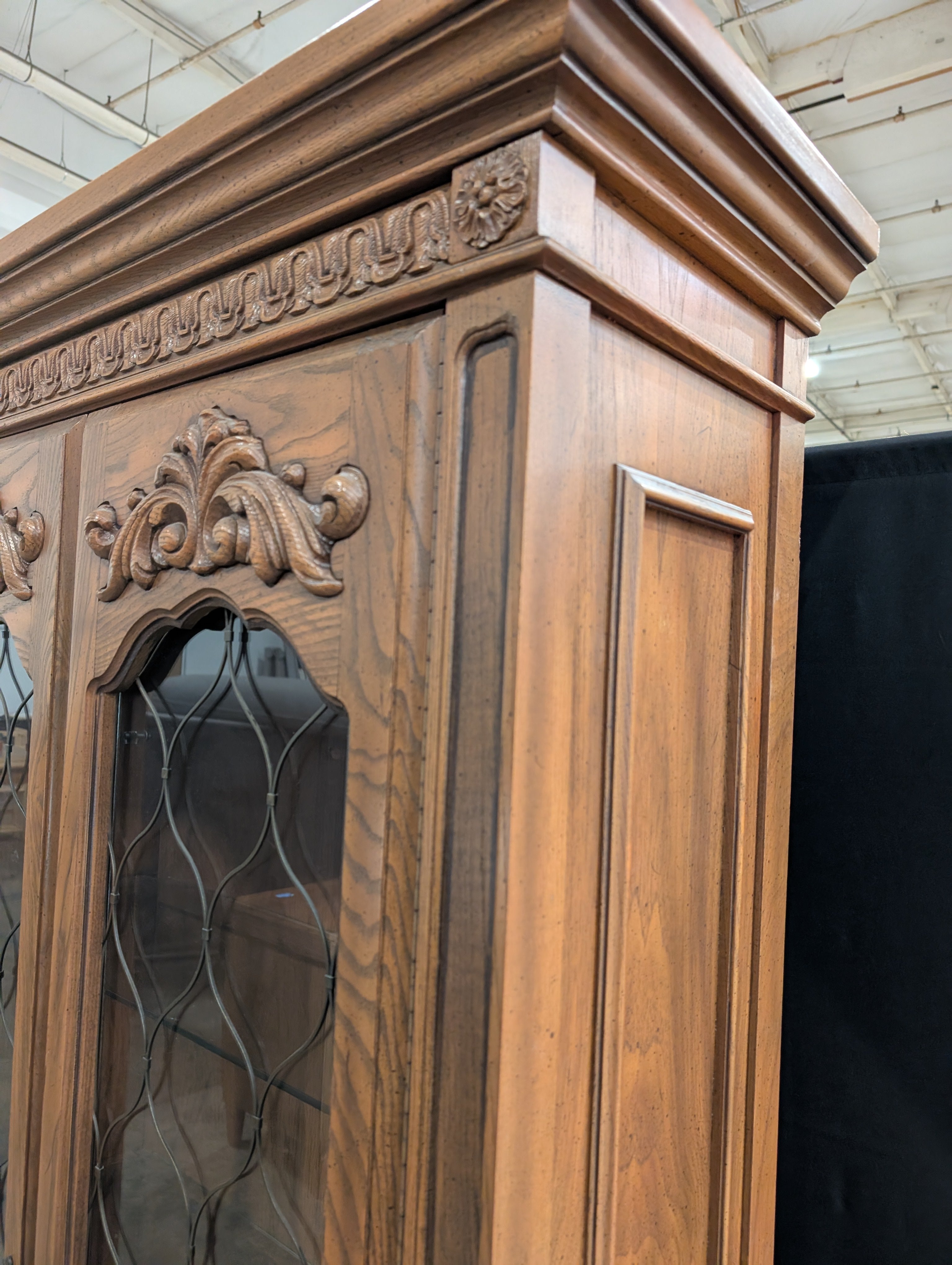 Ornate Wood Display Cabinet with Leaded Glass Doors