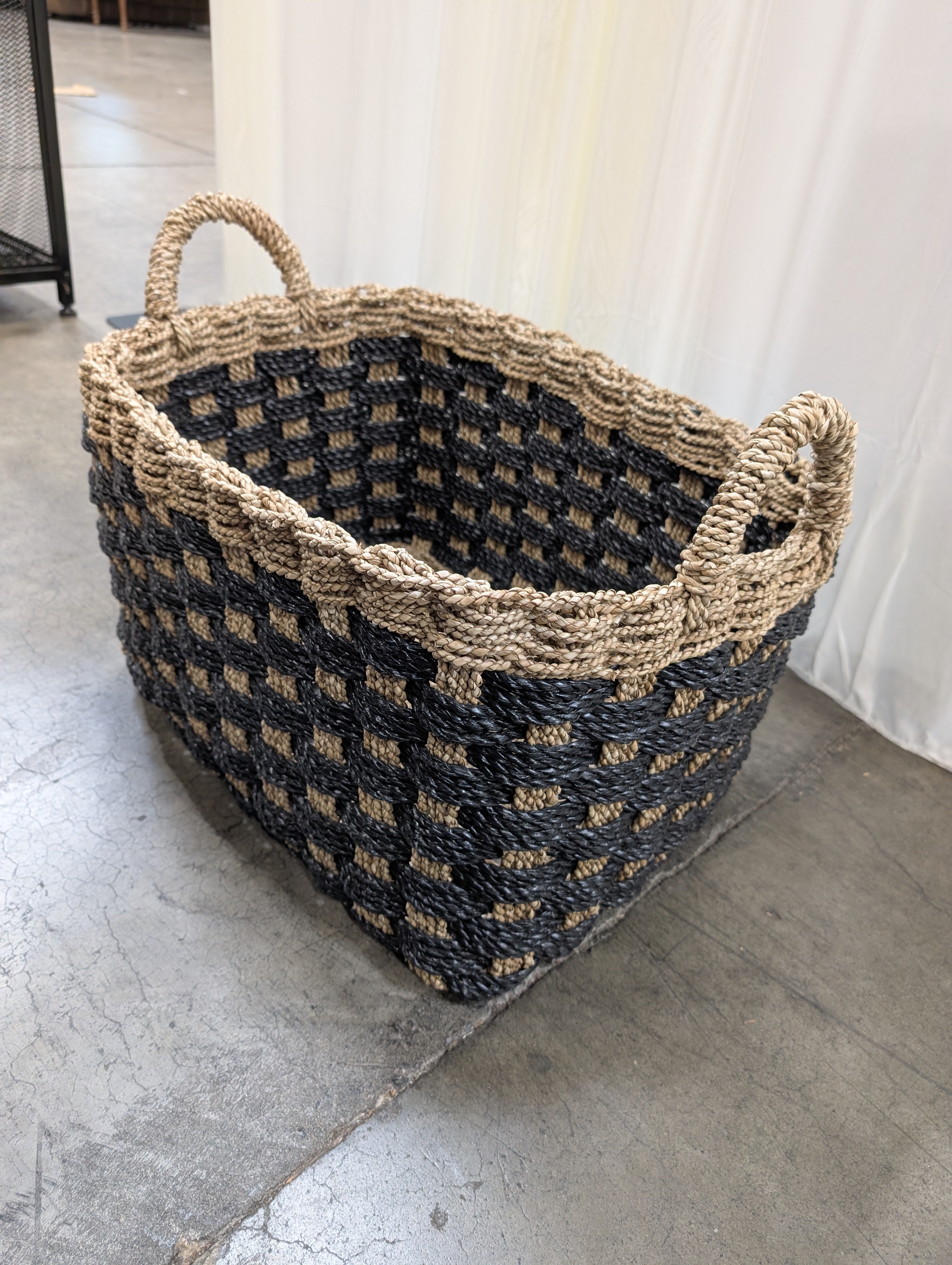Two-Tone Woven Rectangular Basket with Handles
