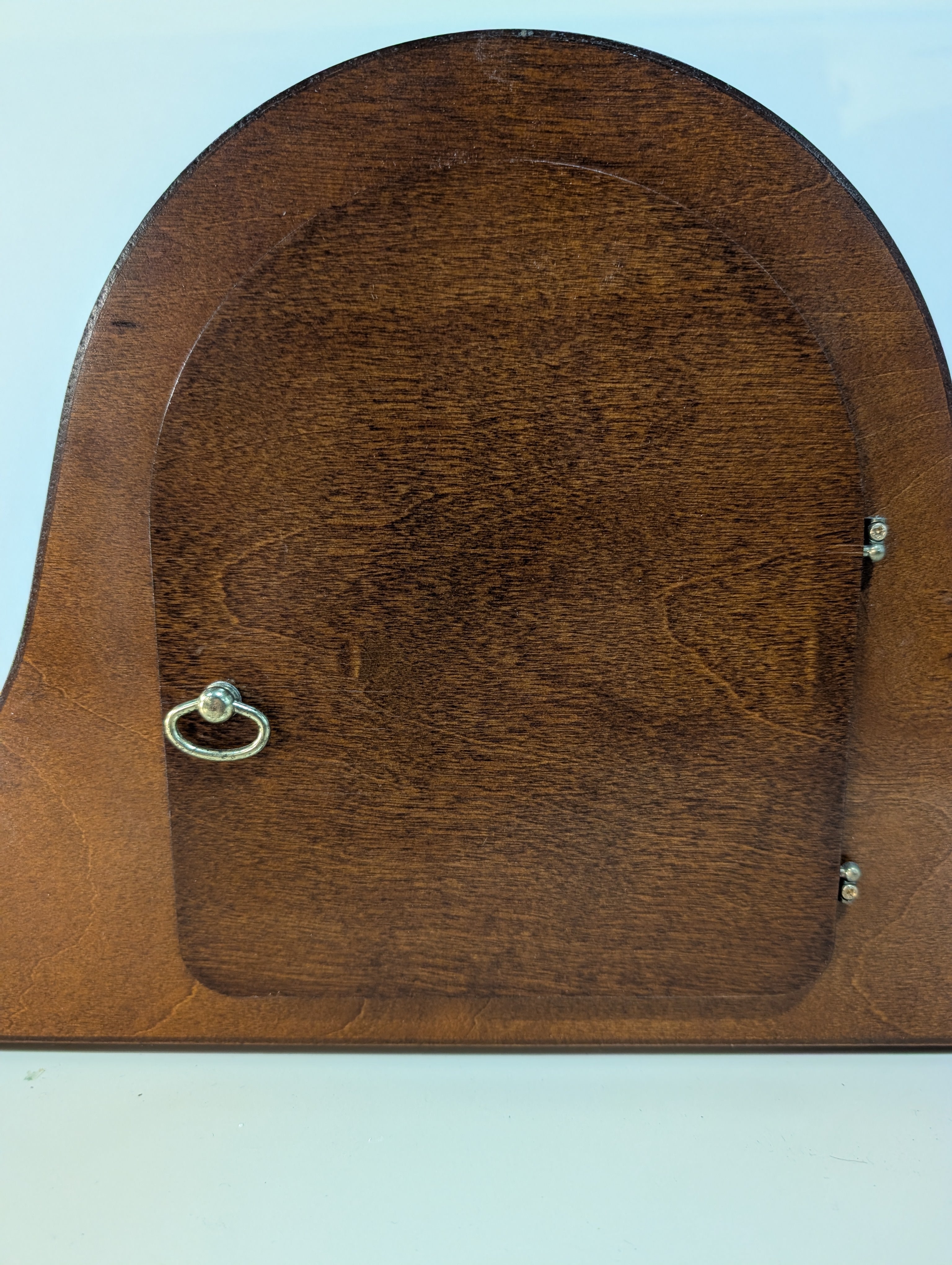 Curved Dark Wood Table Clock with Brass Tone Bezel