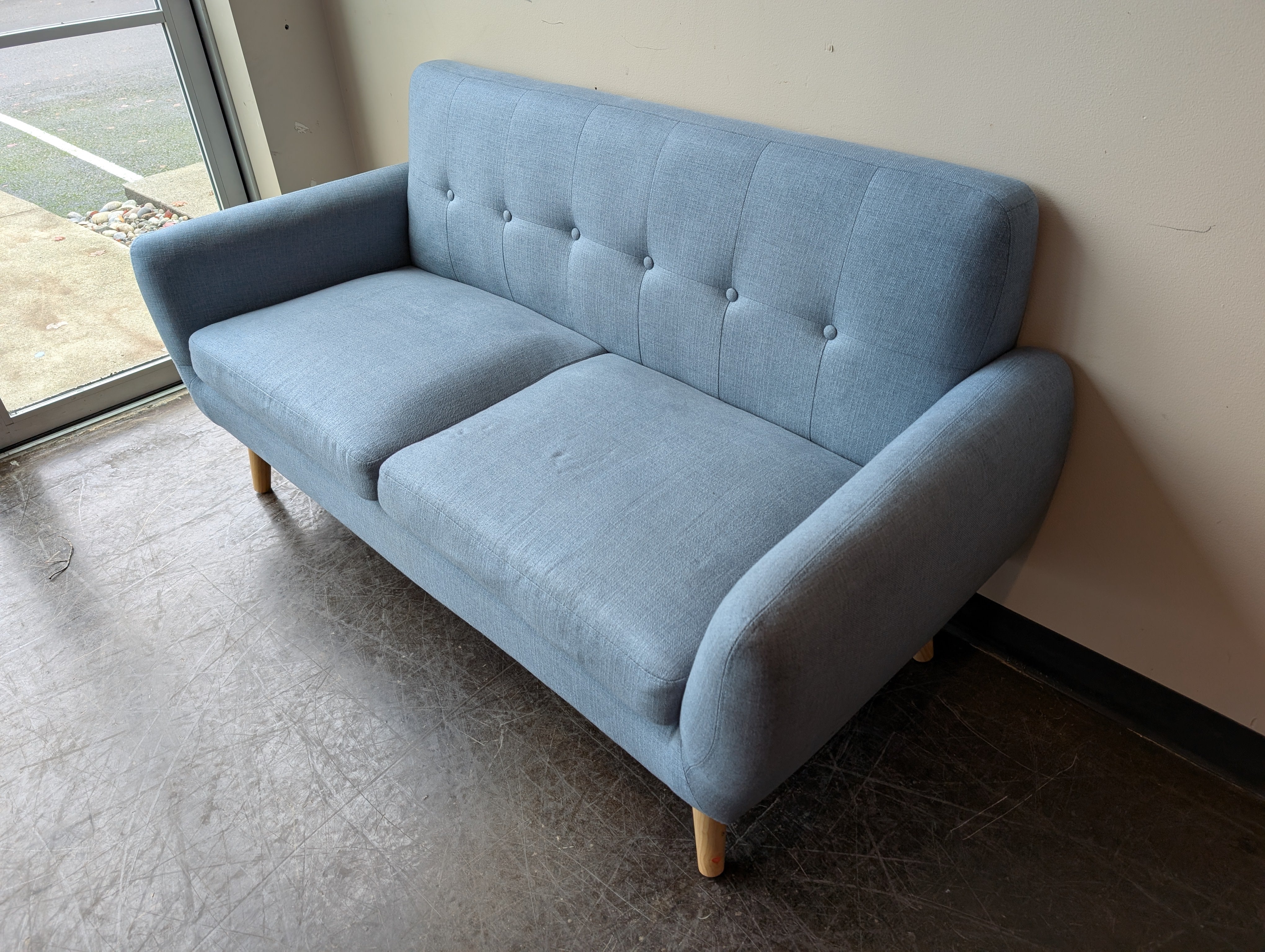 Mid-Century Modern Inspired Teal Blue Fabric Loveseat with Tufted Back