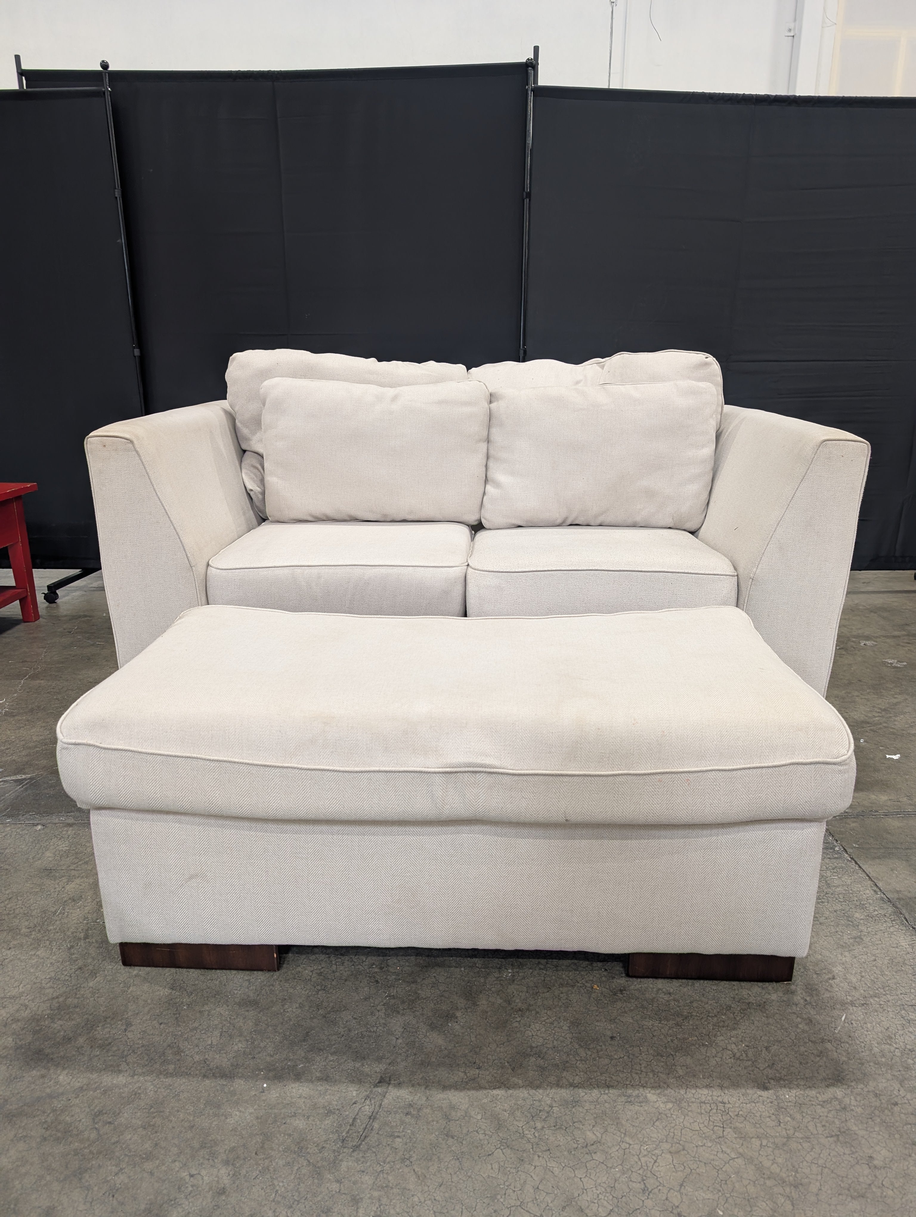 Light Beige Fabric Loveseat and Ottoman