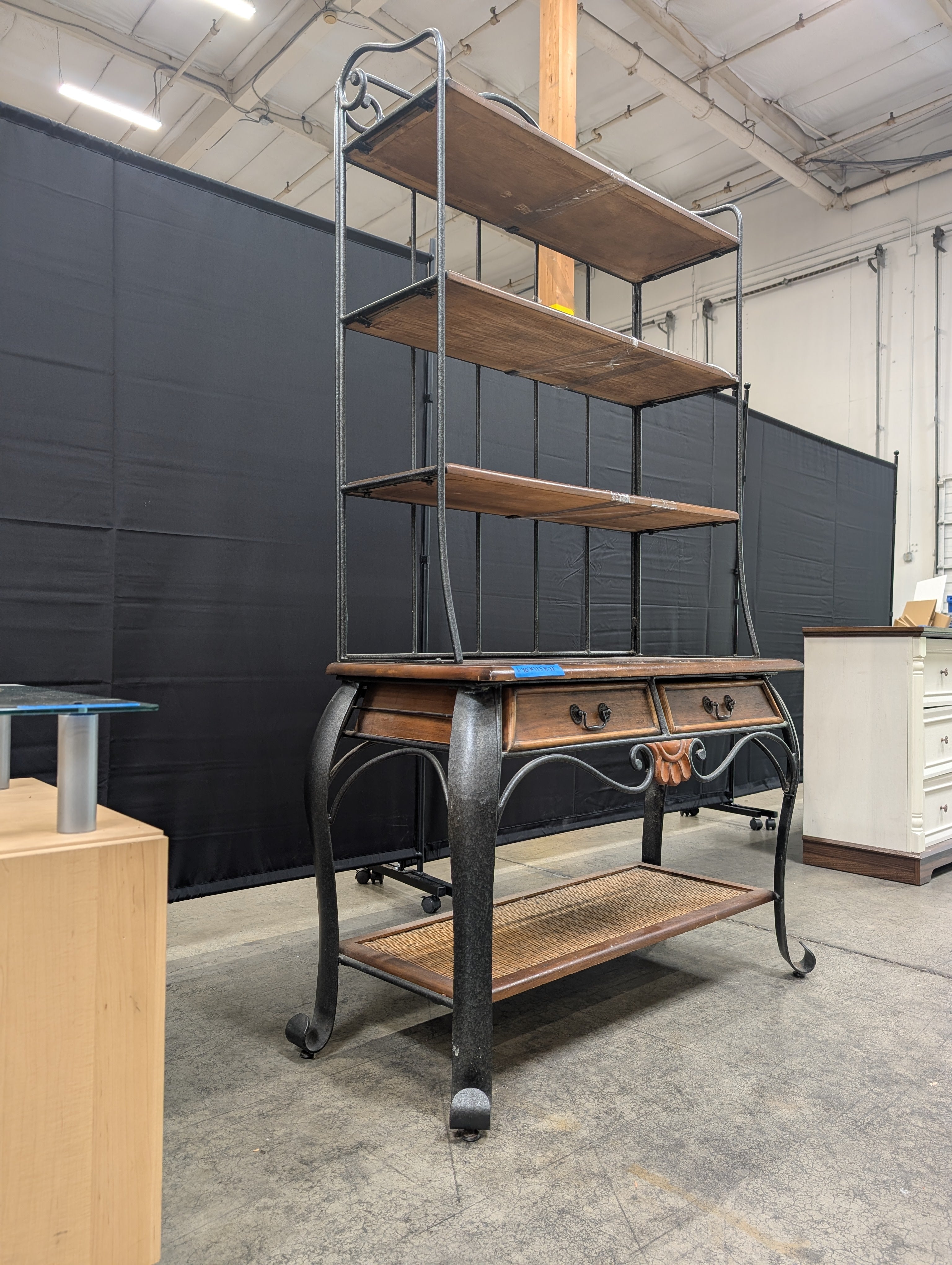 Wrought Iron and Wood Baker's Rack with Drawers
