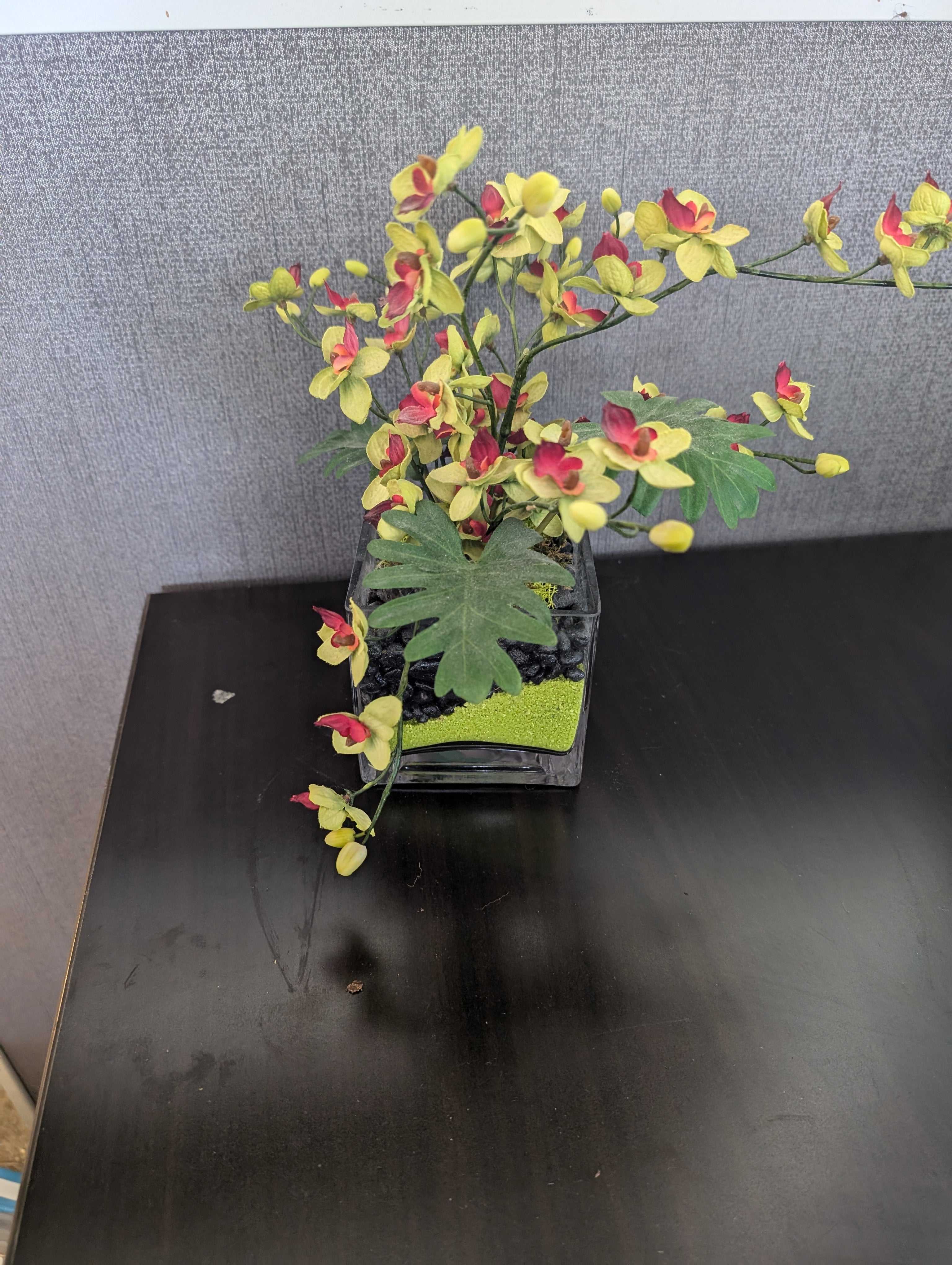 Vibrant Artificial Orchid Arrangement in Square Glass Vase
