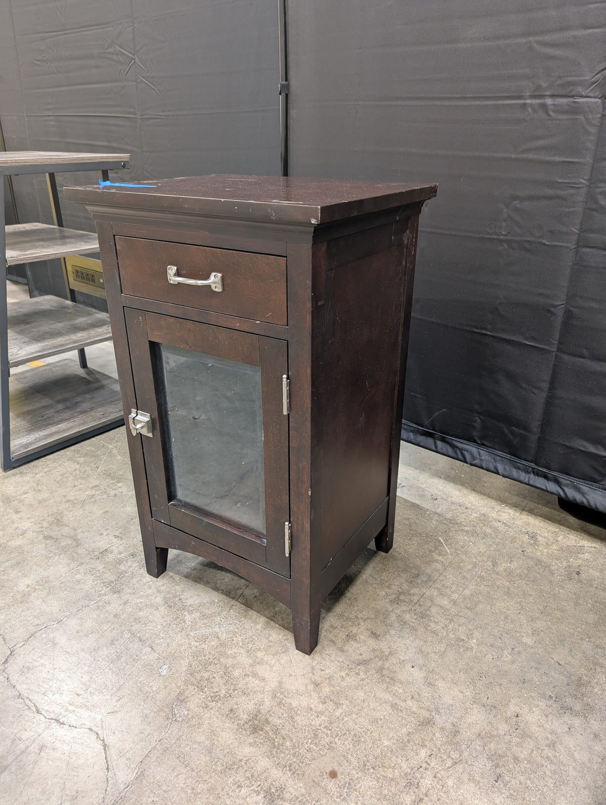 Dark Brown Wood Nightstand with Glass Door
