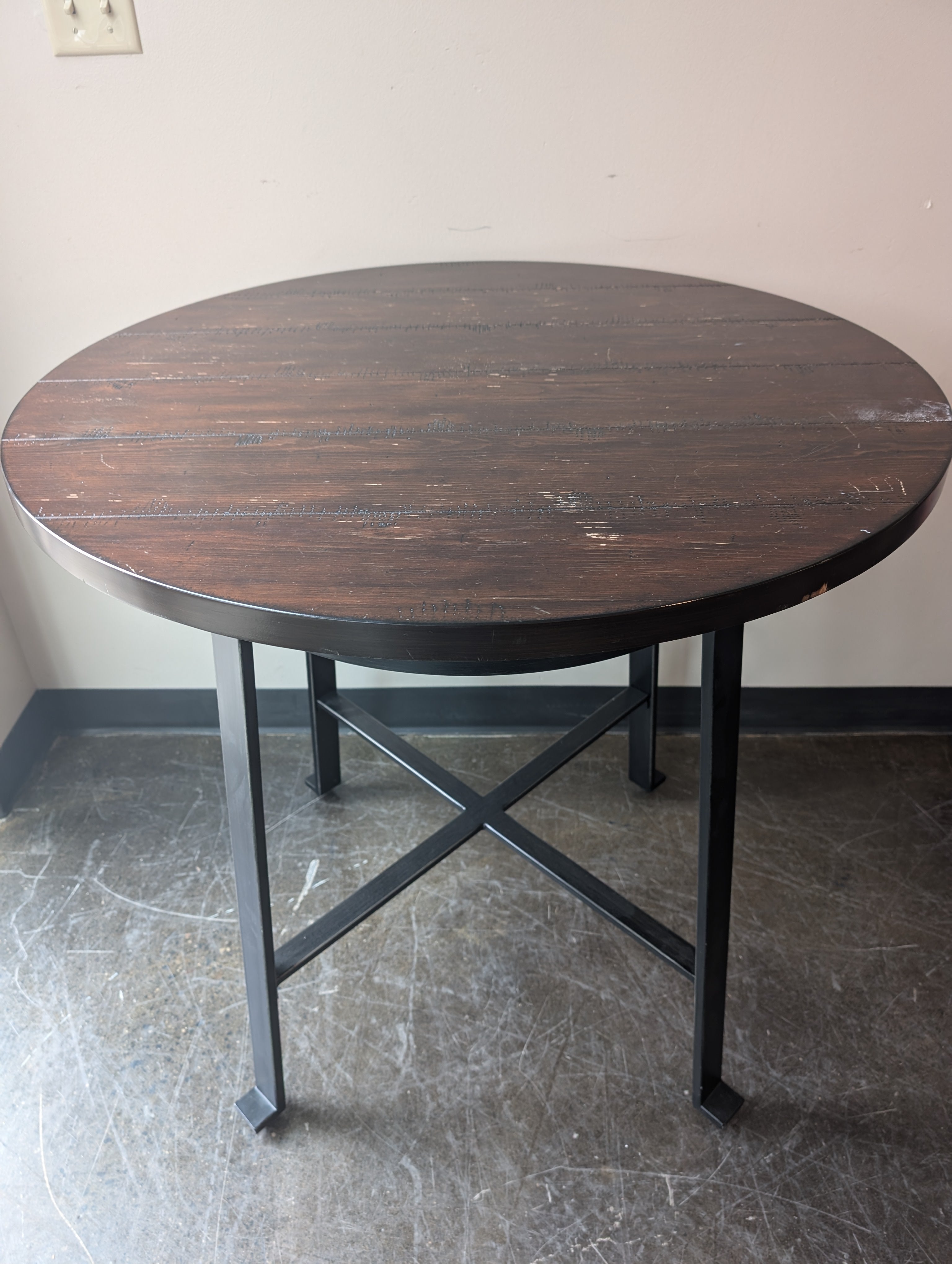 Contemporary Round Pub Table with Dark Wood Top and Metal Base