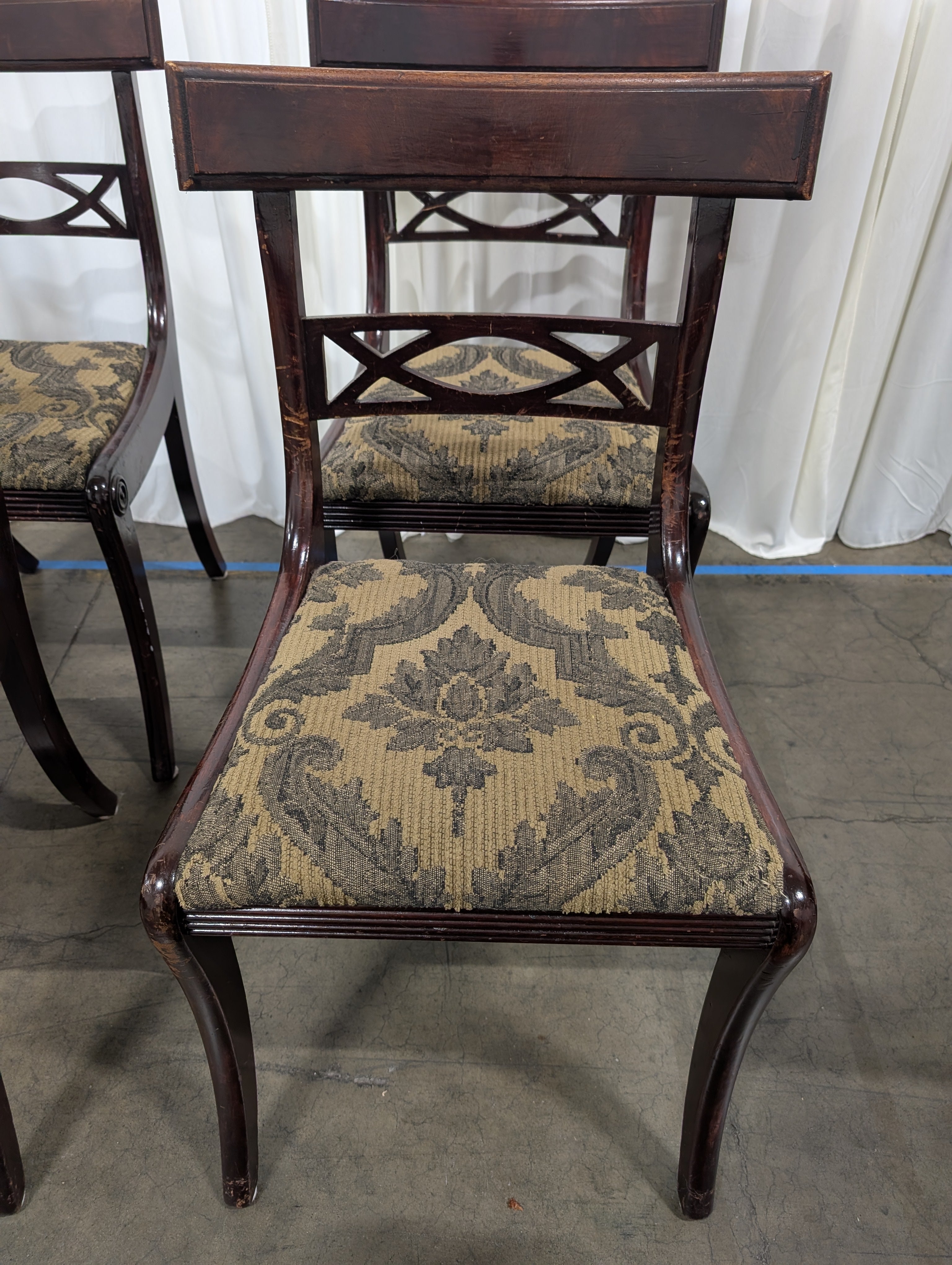 Set of Four Dark Wood Upholstered Dining Chair with X-Back