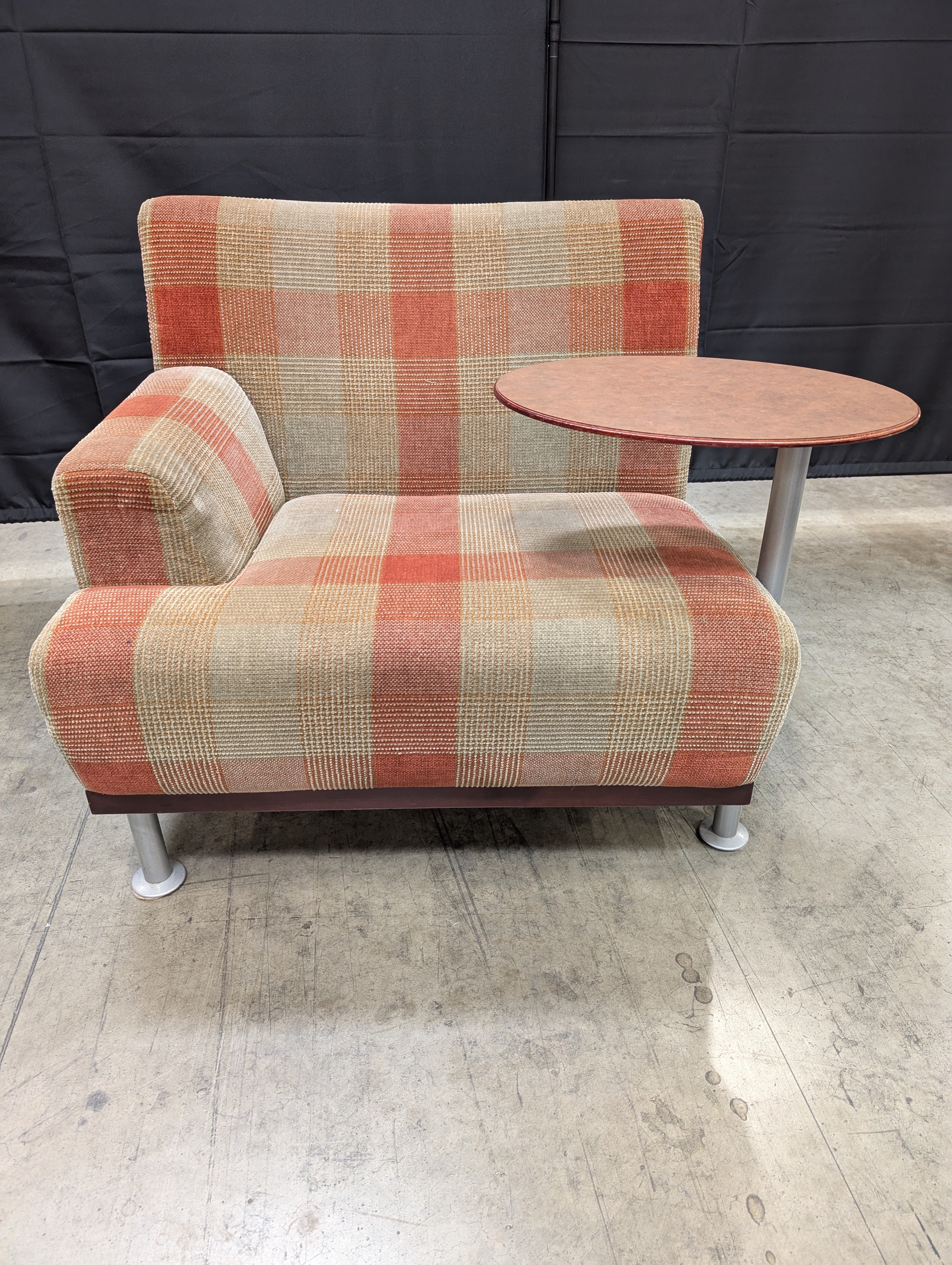 Retro Plaid Upholstered Lounge Chairs with Integrated Side Tables