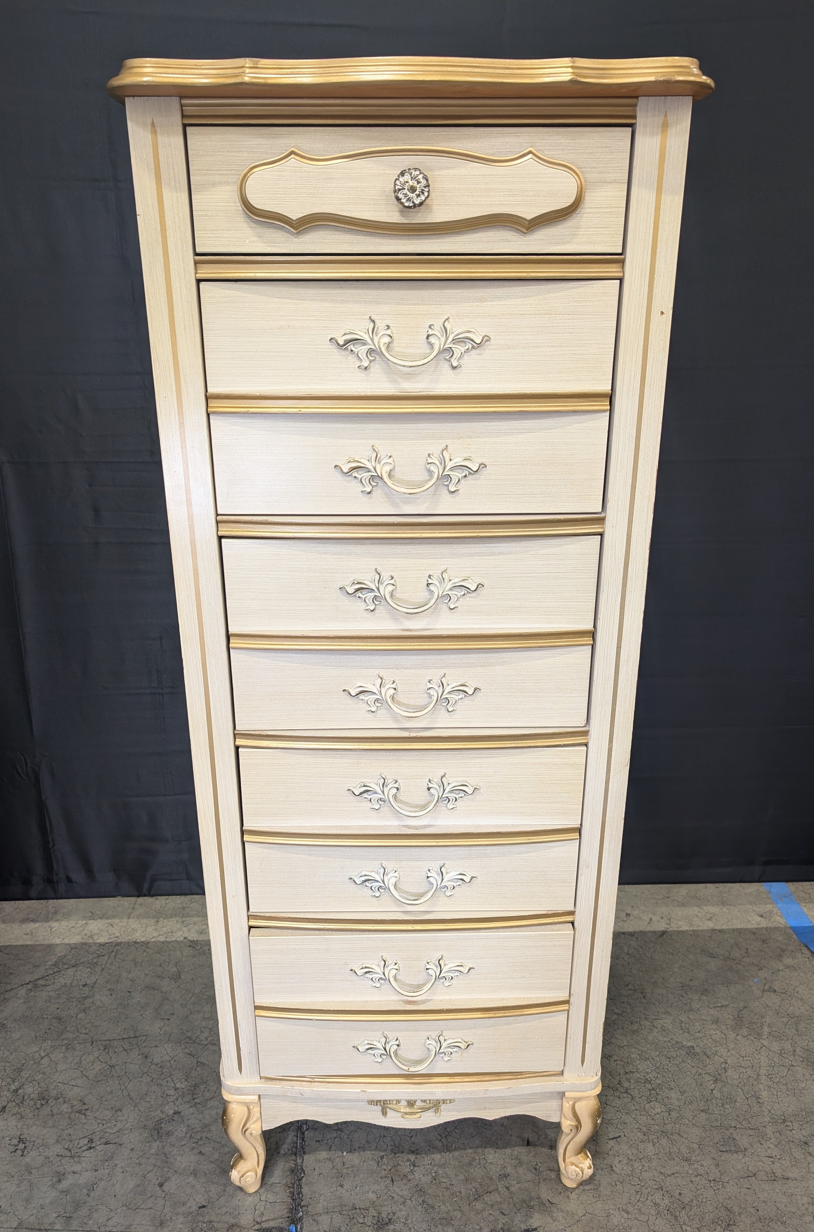 Vintage French Provincial Tall Chest of Drawers, Cream and Gilt Accents
