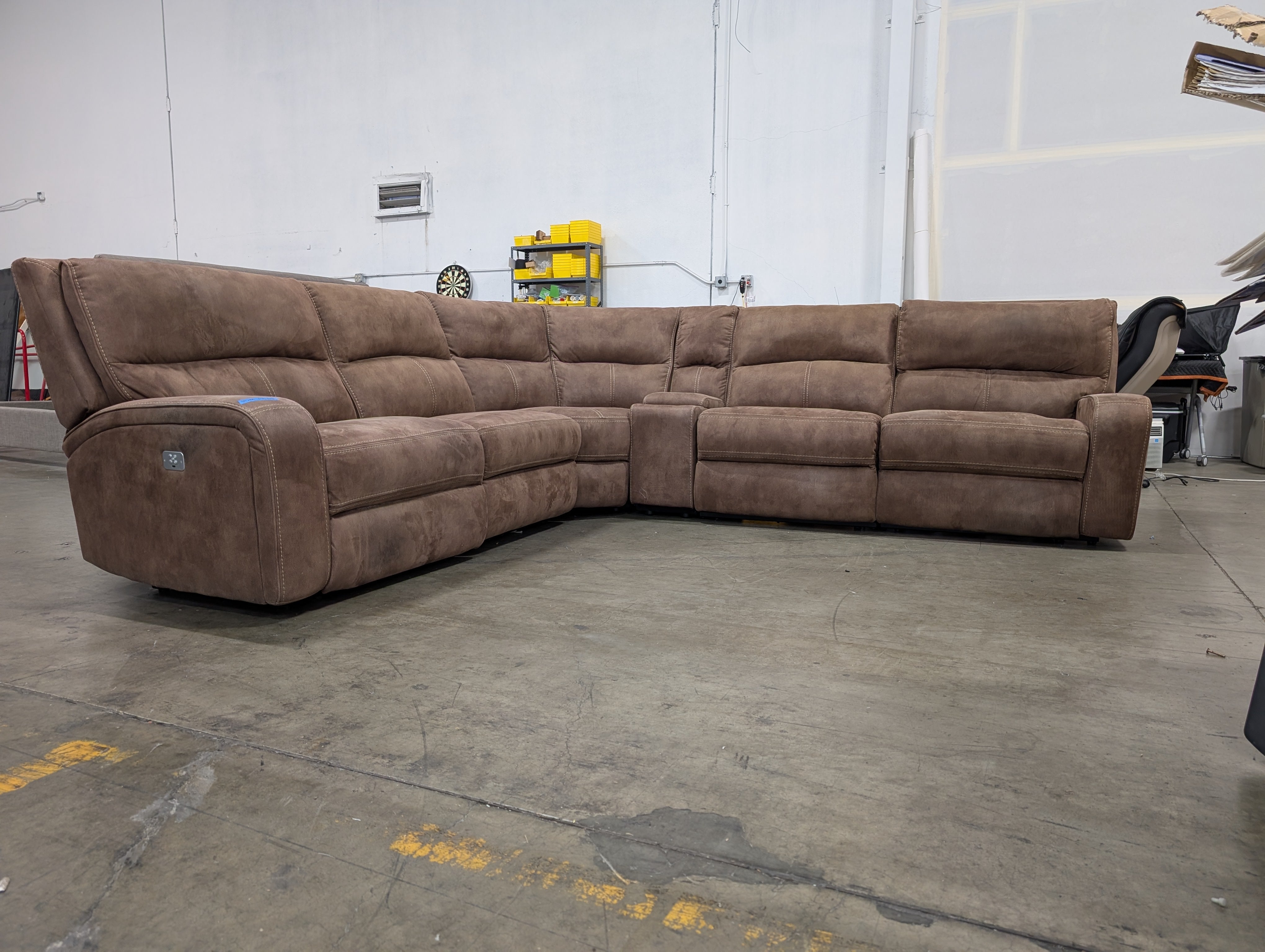 Taupe Faux Suede Reclining Sectional Couch with Console