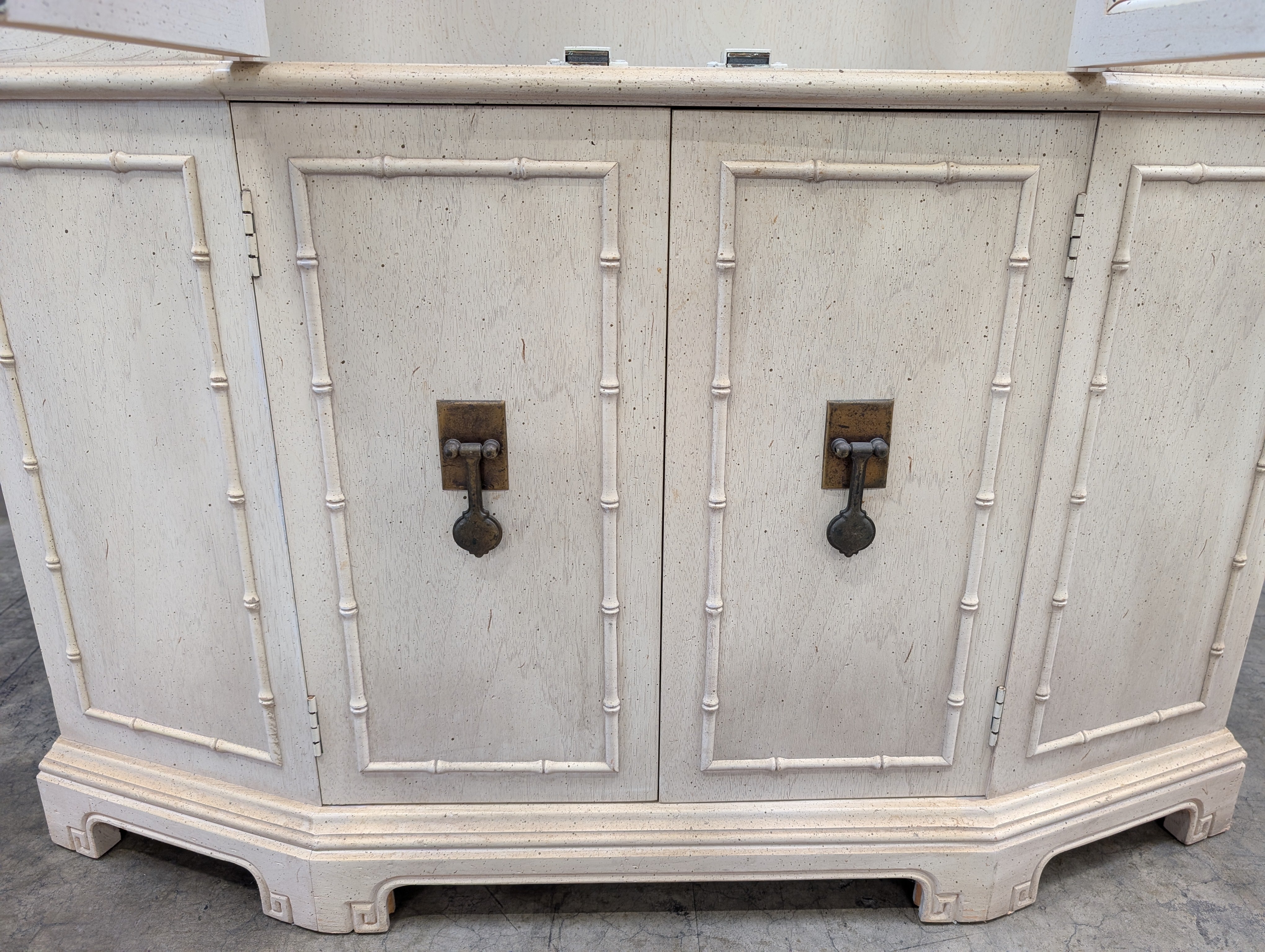 Distressed White Wood Display Hutch with Arched Glass Doors