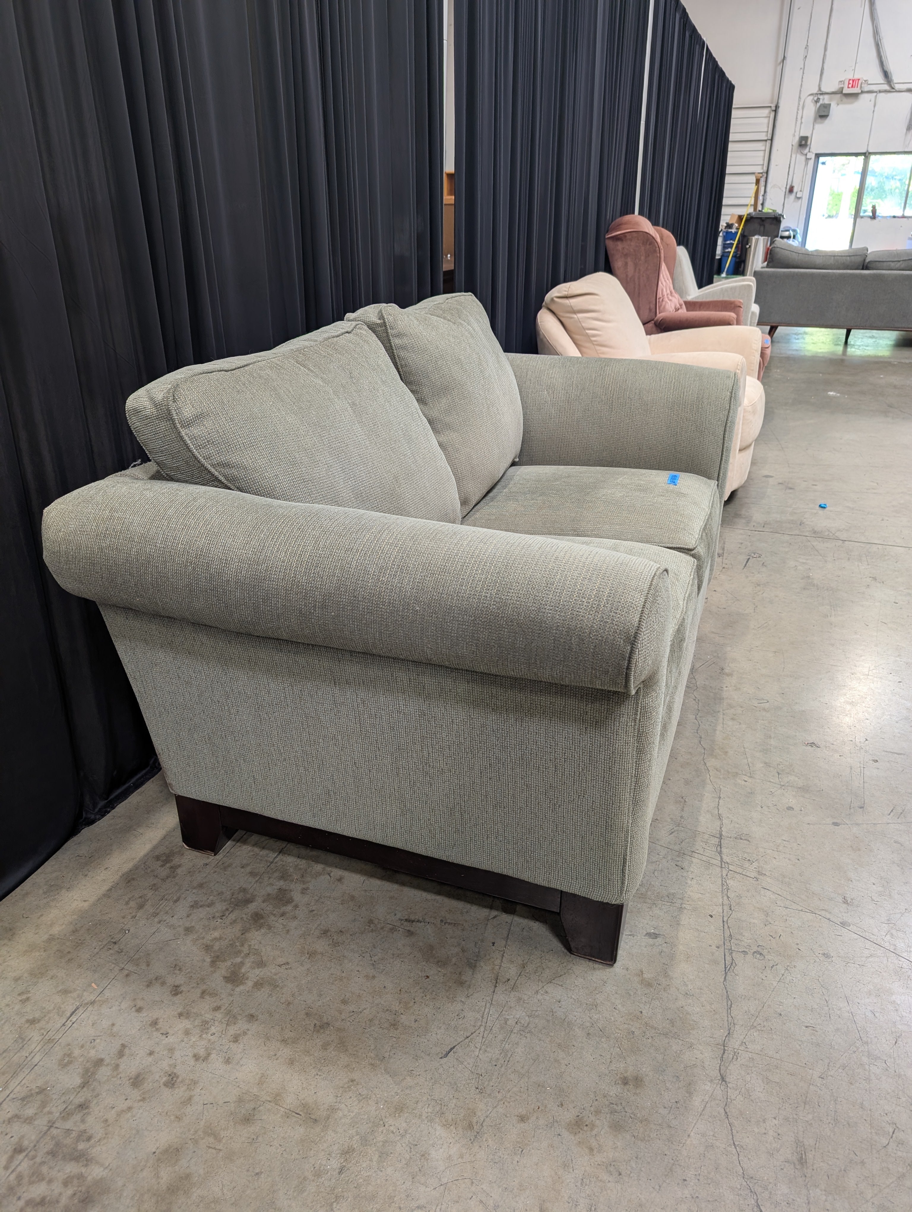 Sage Green Fabric LaZboy Loveseat with Rolled Arms