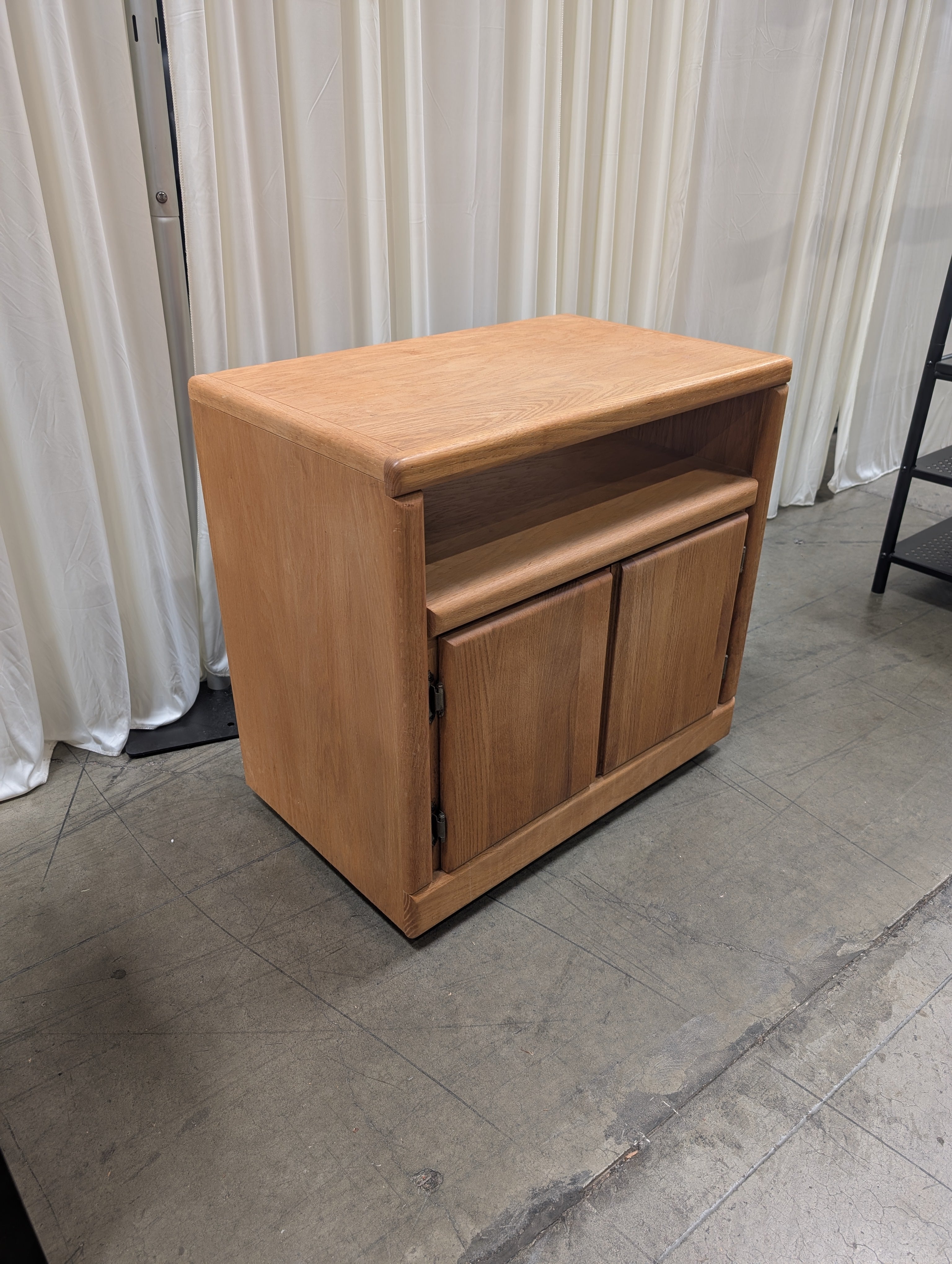 Oak Two-Door TV Stand with Open Shelf