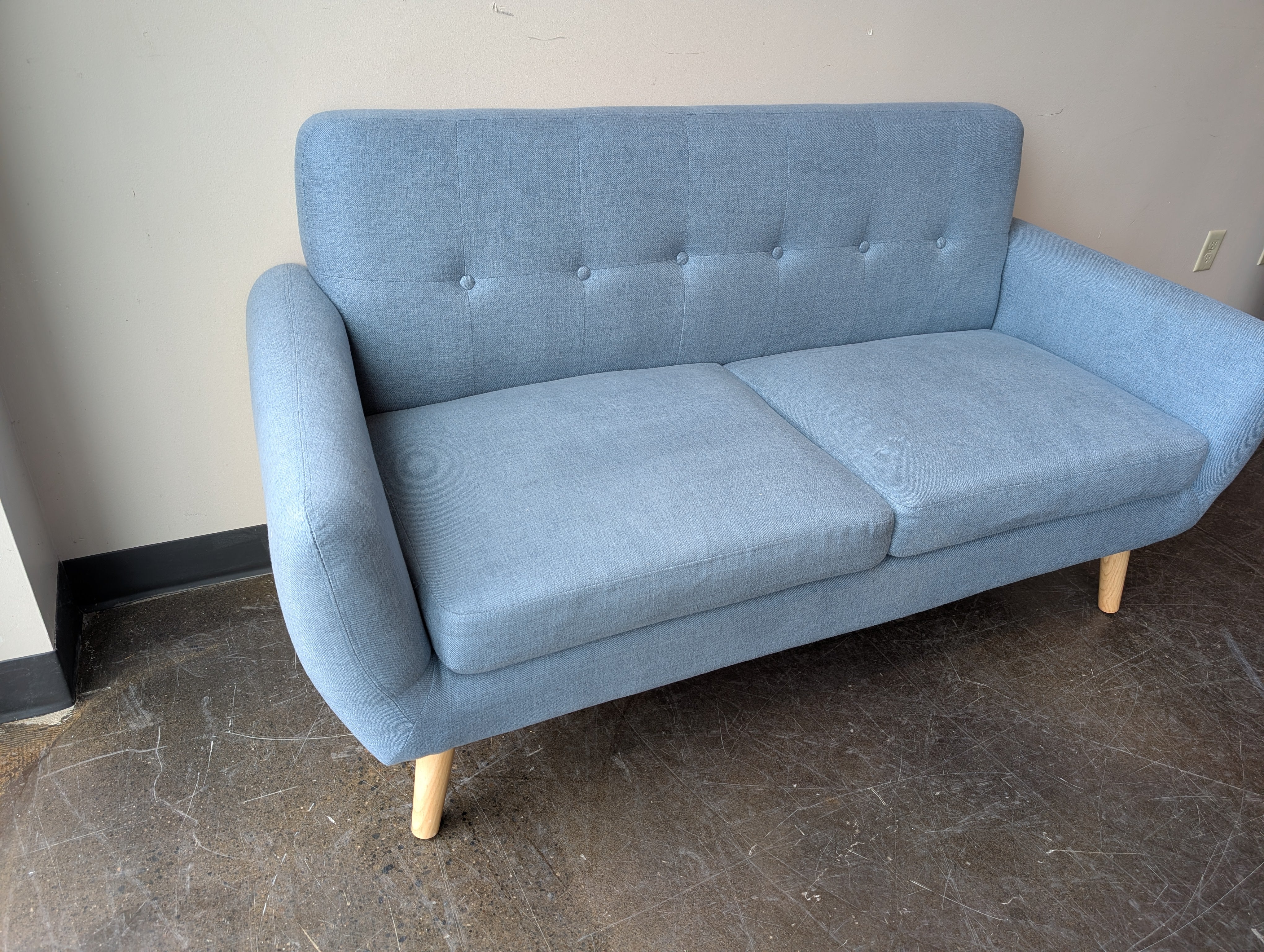 Mid-Century Modern Inspired Teal Blue Fabric Loveseat with Tufted Back