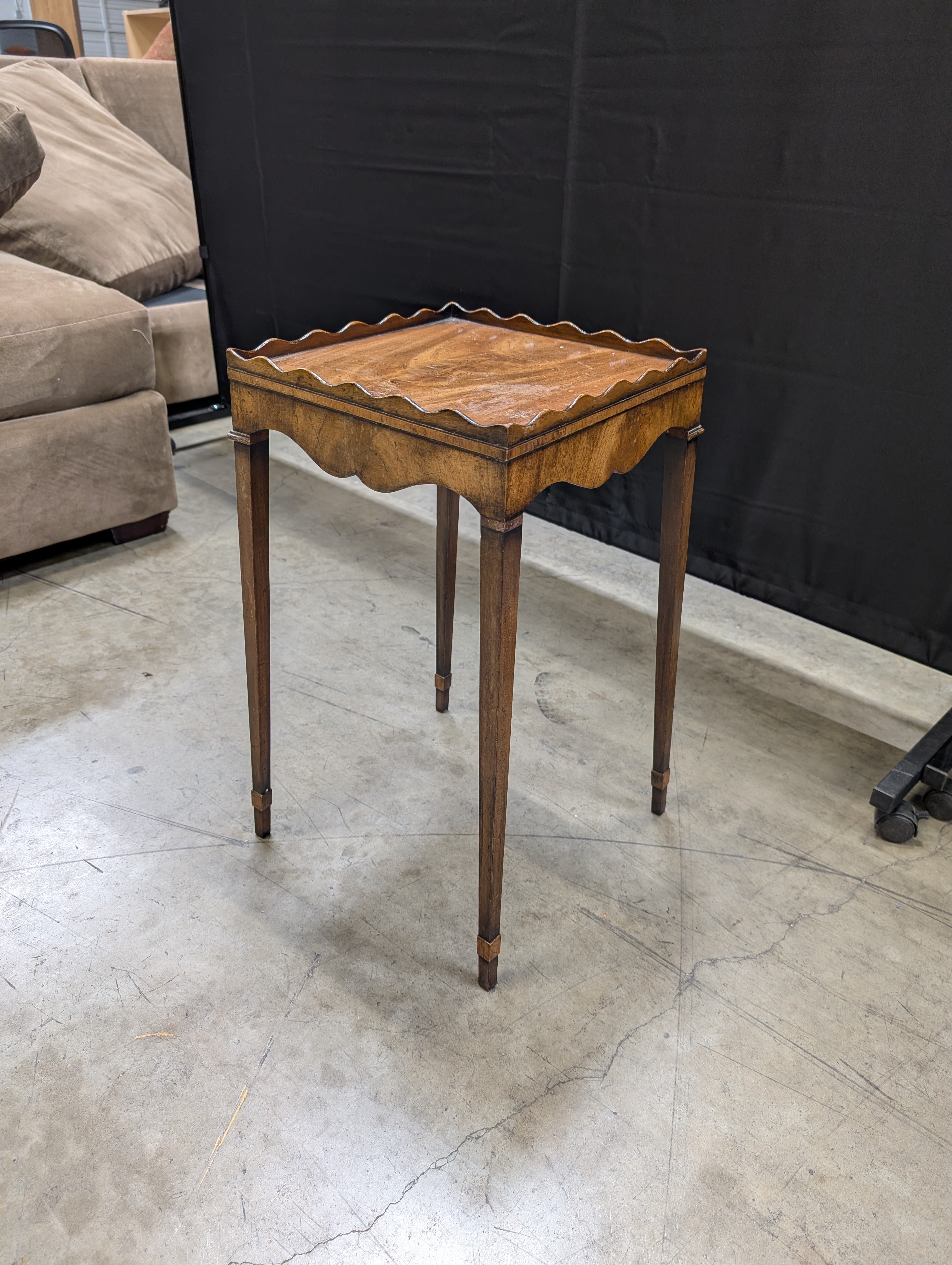 Vintage Brown Wood Side Table with Scalloped Tray Top