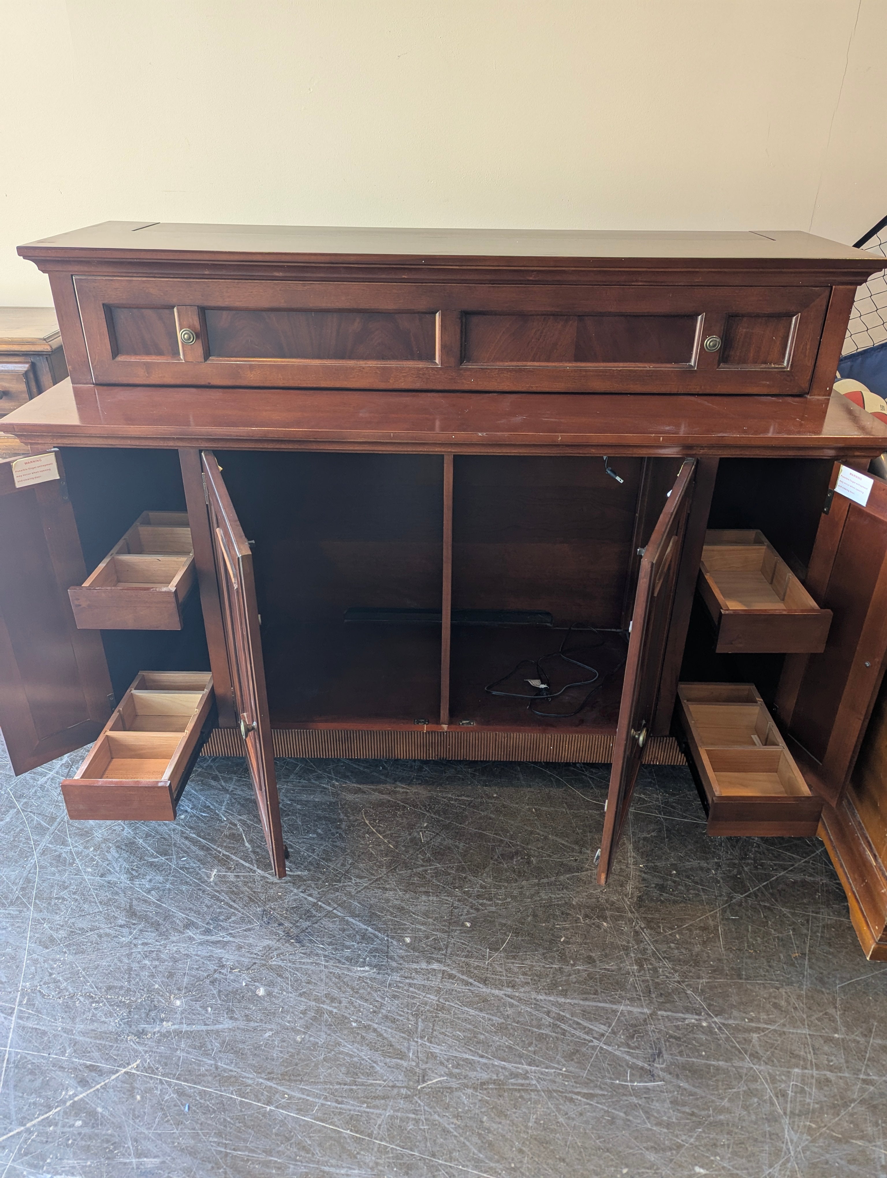 Rich Brown Wood Rising TV Stand Cabinet with Drawers