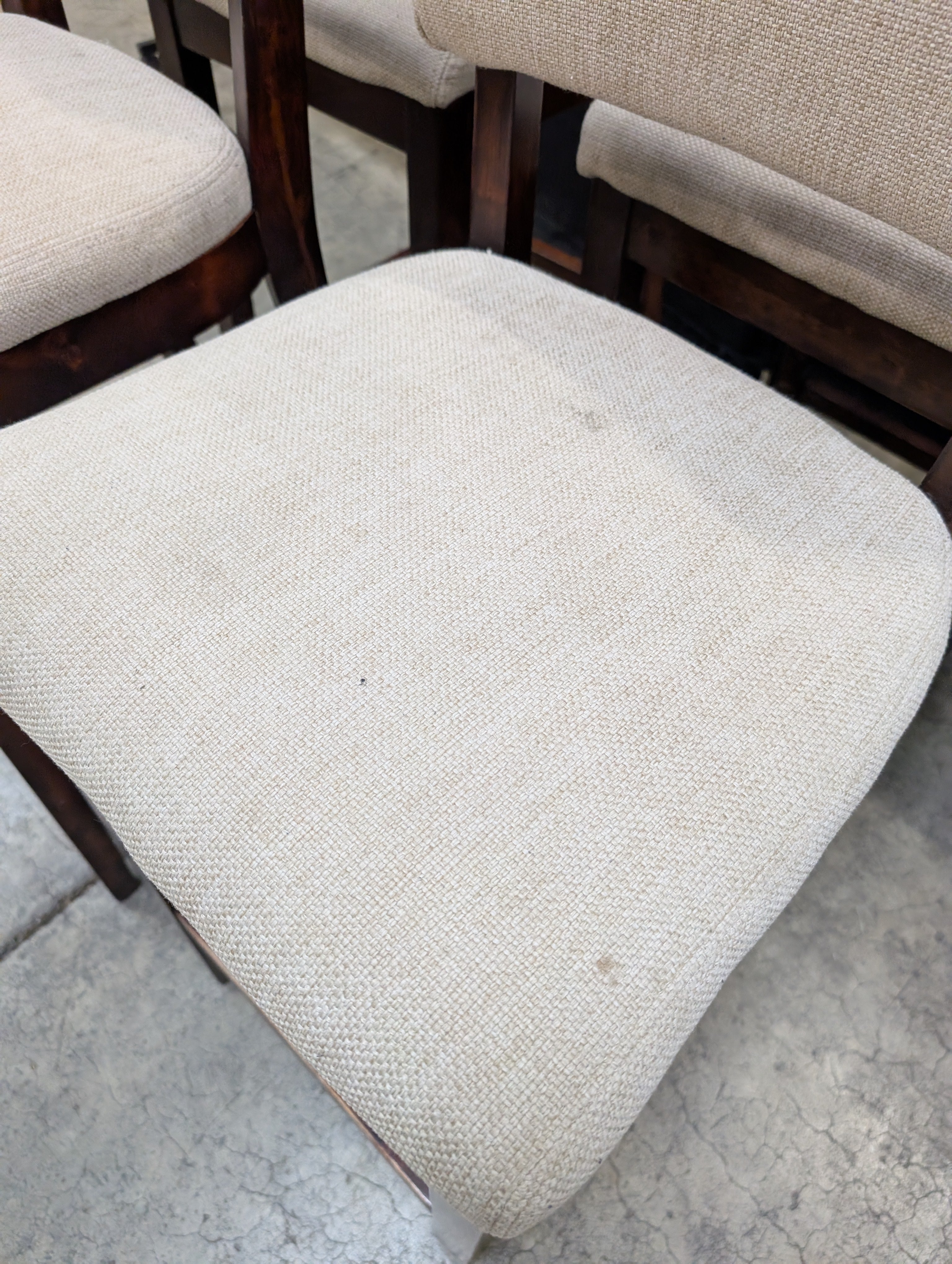 Set of Four Beige Fabric Upholstered Bar Height Dark Wood Dining Chairs