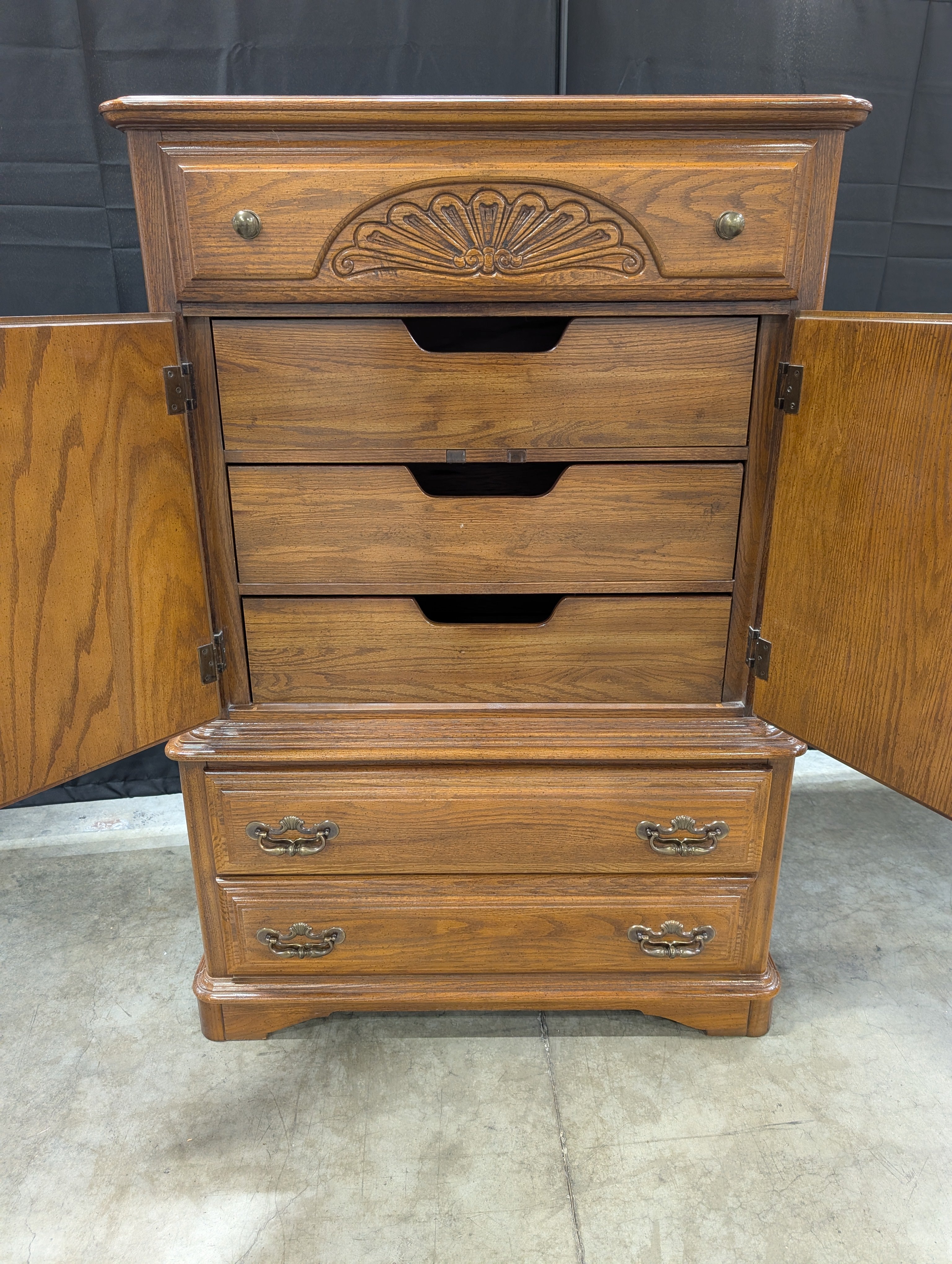 Sumter Cabinet Co. Classic Wood Tall Chest with Carved Detail and Cabinet Doors